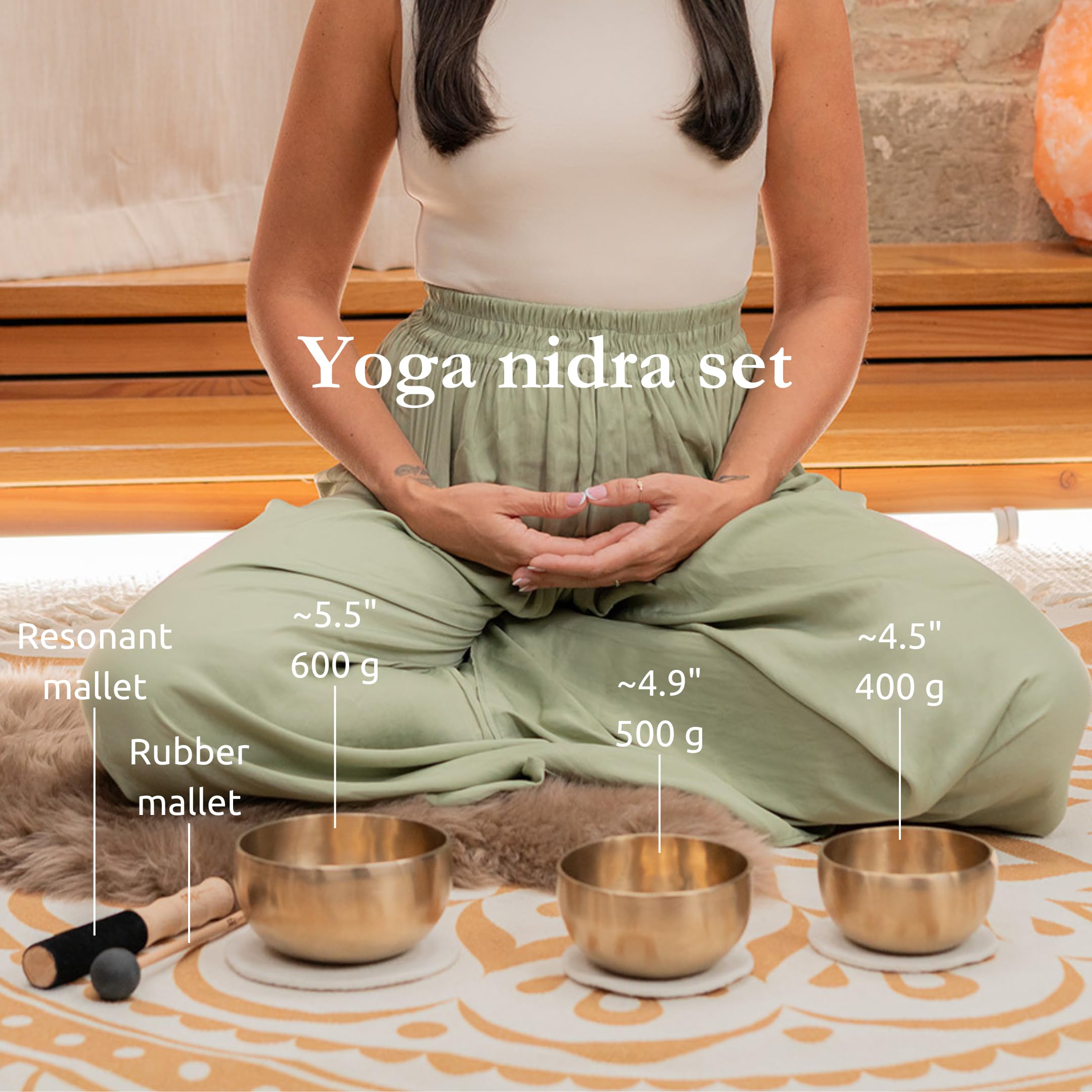 Sonic Energy Klangschalen Yoga Nidra Set – 400/500/600 g – Für Entspannungsyoga, Shavasana – Inkl. Fleece Pad, Untersetzer, Schlägel, Tasche (SB-Y1)