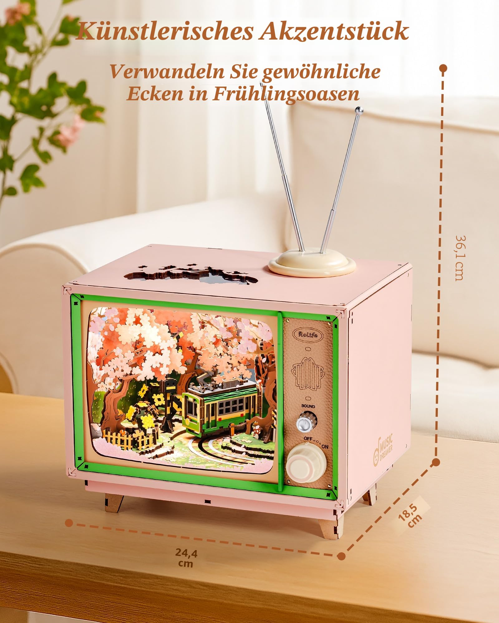 Rolife Modellbausatz Spieluhr Sakura Traumreise DIY Miniatur Haus Kit mit Kirschblüten Szene Holz Puppenhaus zur Deko für Zuhause und Bücherregal Geburtstagsgeschenk für Sie