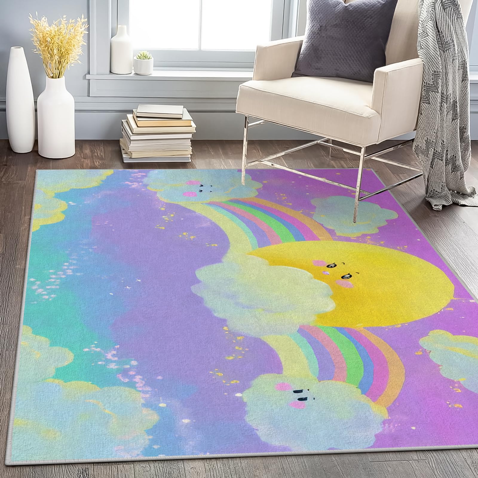 Tappeto Camera da Letto Arcobaleno 80x150 Pelo Corto Morbidi, Tappeti Salotto Nuvola Lavabile Lavatrice, Tappeto Scendiletto per Cameretta Ragazza Stanza