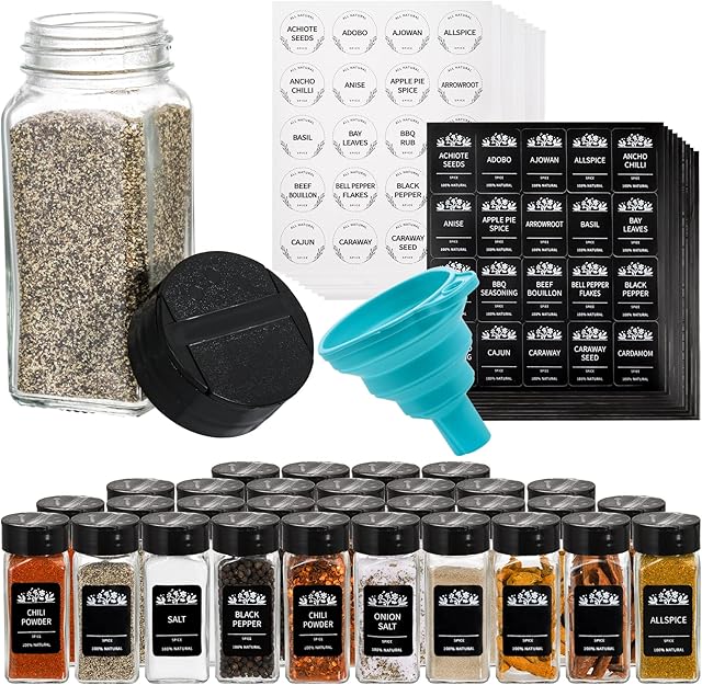 Tebery 30 Pack Glass Spice Jars Square Glass Bottles with Black Caps, 4oz Empty Spice Containers Shakers Complete Organizer Set Includes Shaker Lids, Wide Funnel and Labels