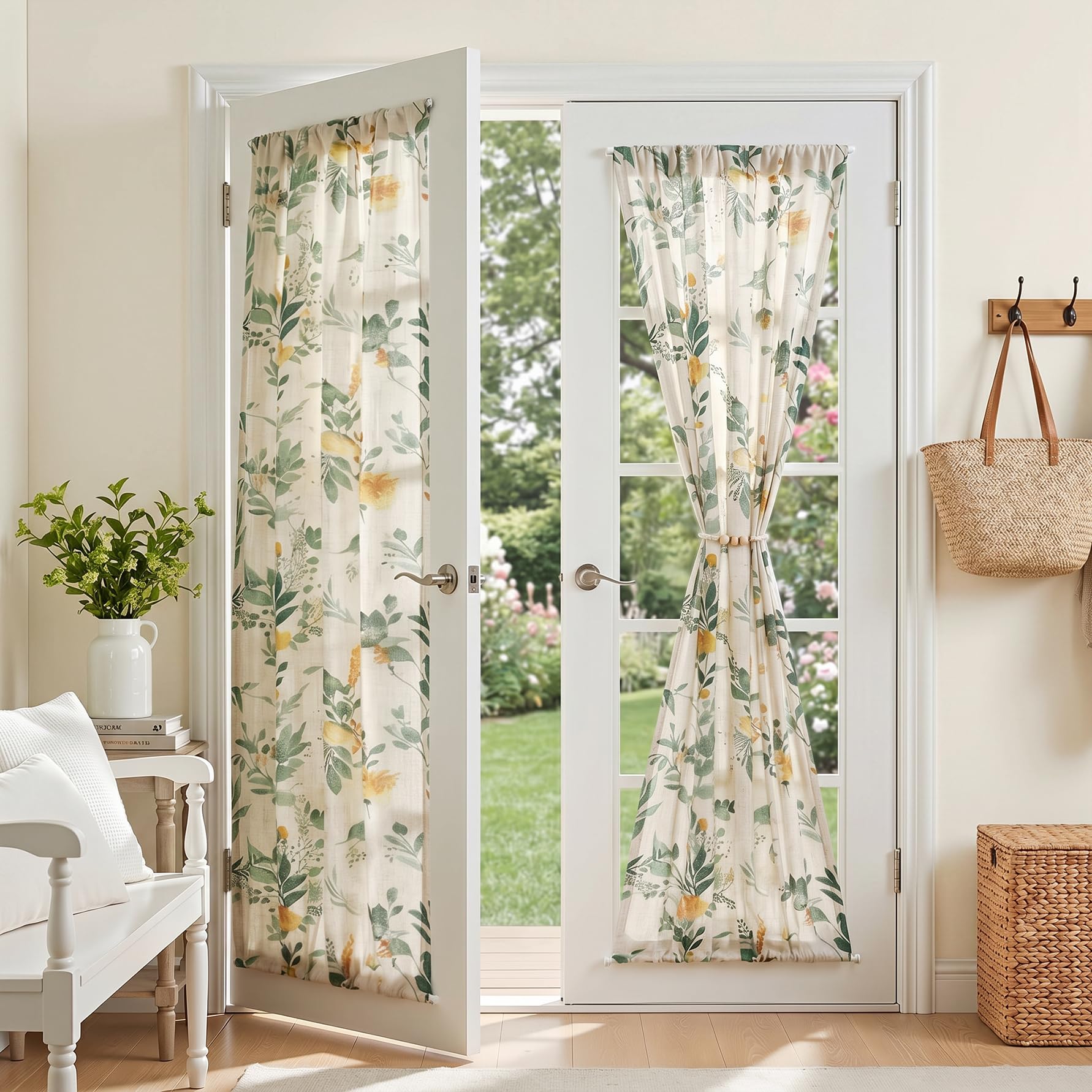 MYSKY HOME Floral Linen Door Curtains Green Farmhouse 2 Panels Semi Sheer