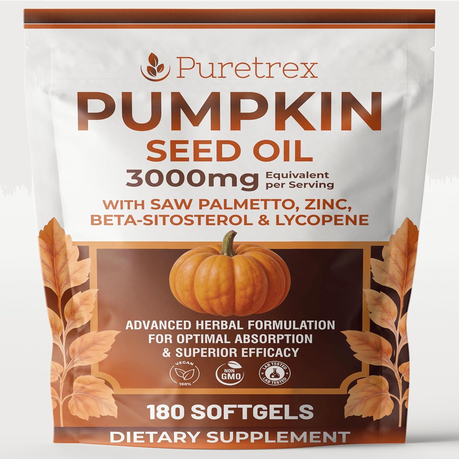 Pumpkin Seed Oil Complex 3000mg with Saw Palmetto, Beta-Sitosterol, Zinc & Lycopene – 180 Vegan Softgels | Prostate, Hair Growth & Hormonal Balance Support | Cold-Pressed, Non-GMO, Lab Tested
