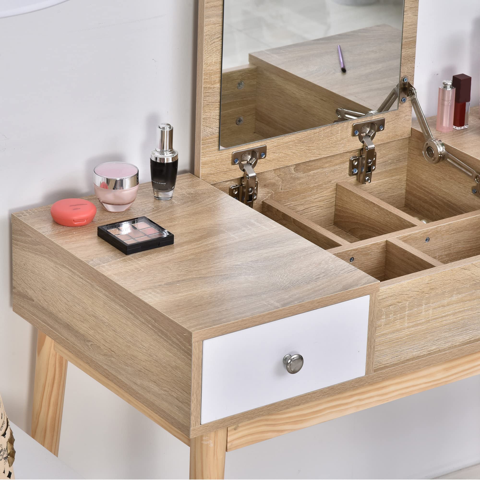 HOMCOM Postazione Trucco Moderno con Specchio Estraibile Color Legno | Toeletta Trucco, Organizer Gioielli, 2 Cassetti, Sgabello