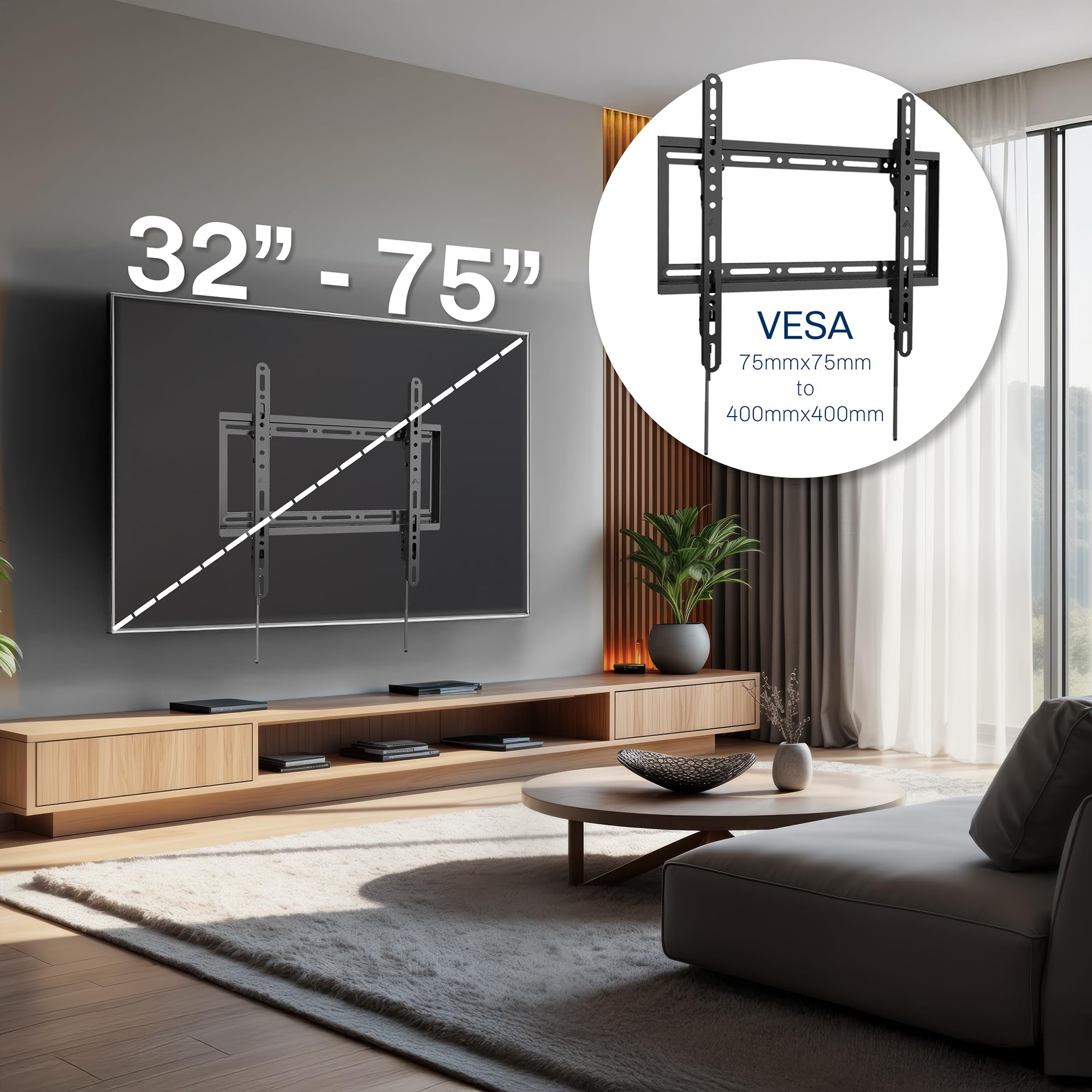 VIVO Mount-VW075T - Supporto da parete per TV LCD LED curvo e piatto da 32" a 75", con inclinazione e VESA max 400 x 400 mm, colore: nero