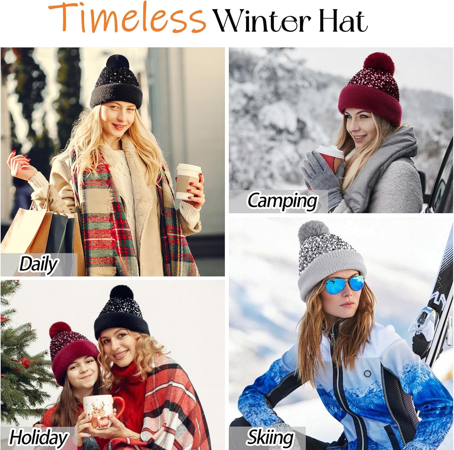 Babalet Winter Beanie Hats for Women Velvet Sequined Slouchy Skull Warm Fuzzy Pompon Cap Outdoor Windproof Ski Knit Cap - Image 6