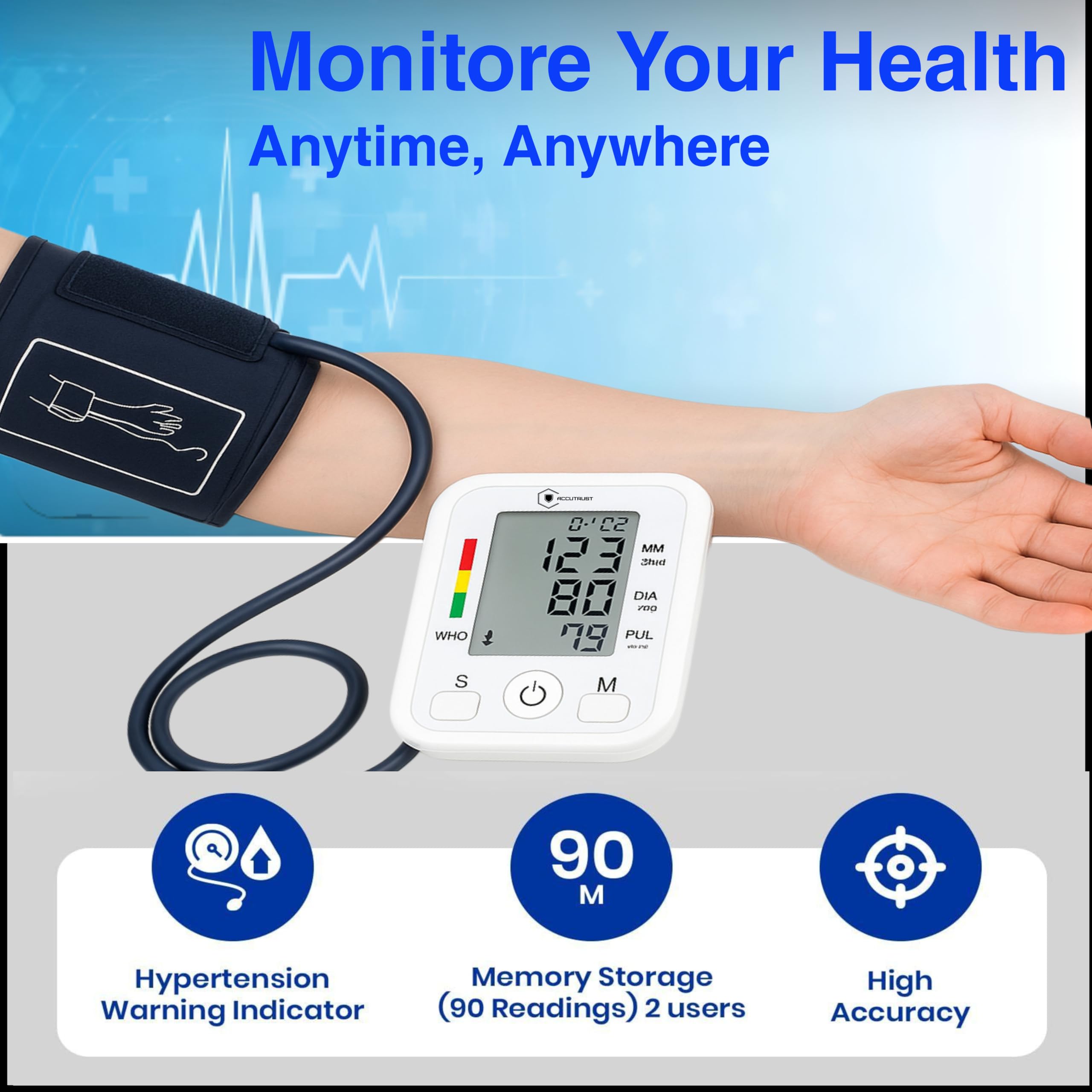 AccuTrust Digital Blood Pressure Monitor with Large Display, Automatic Upper Arm BP Machine with Pulse Rate Detection, Memory Function & WHO Indicator β Home & Clinical Use 2