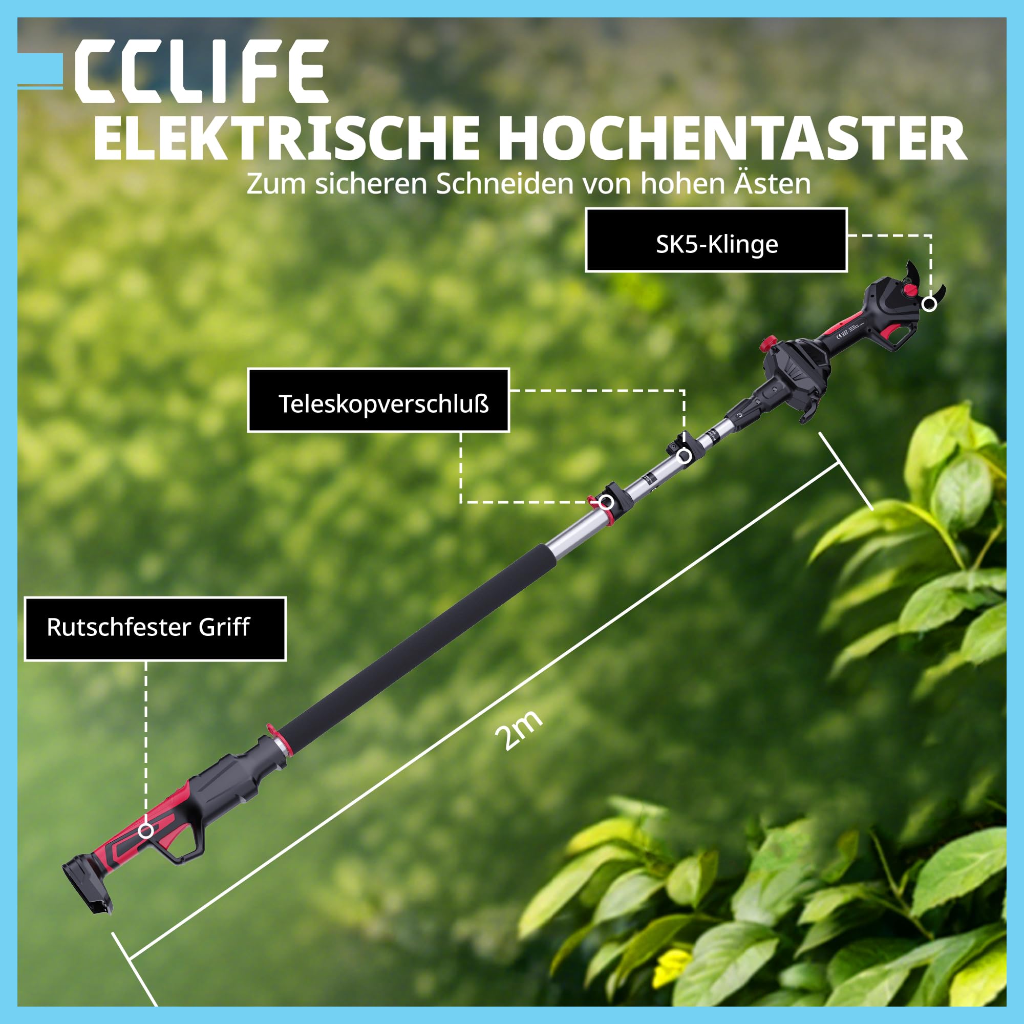 CCLIFE Akku Astschere 2-in-1 Set mit 2M Teleskopstange bis 40mm Schnittdurchmesser Kompatibel mit Makita 18V/20V (ohne Akku)