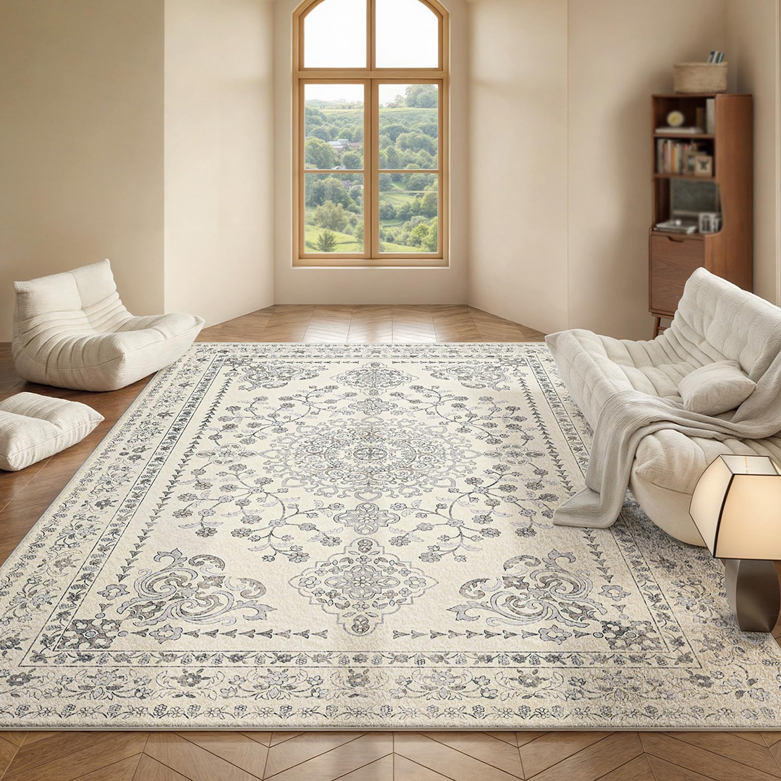 Tapis de salon à poils courts moderne gris crème oriental 160 cm