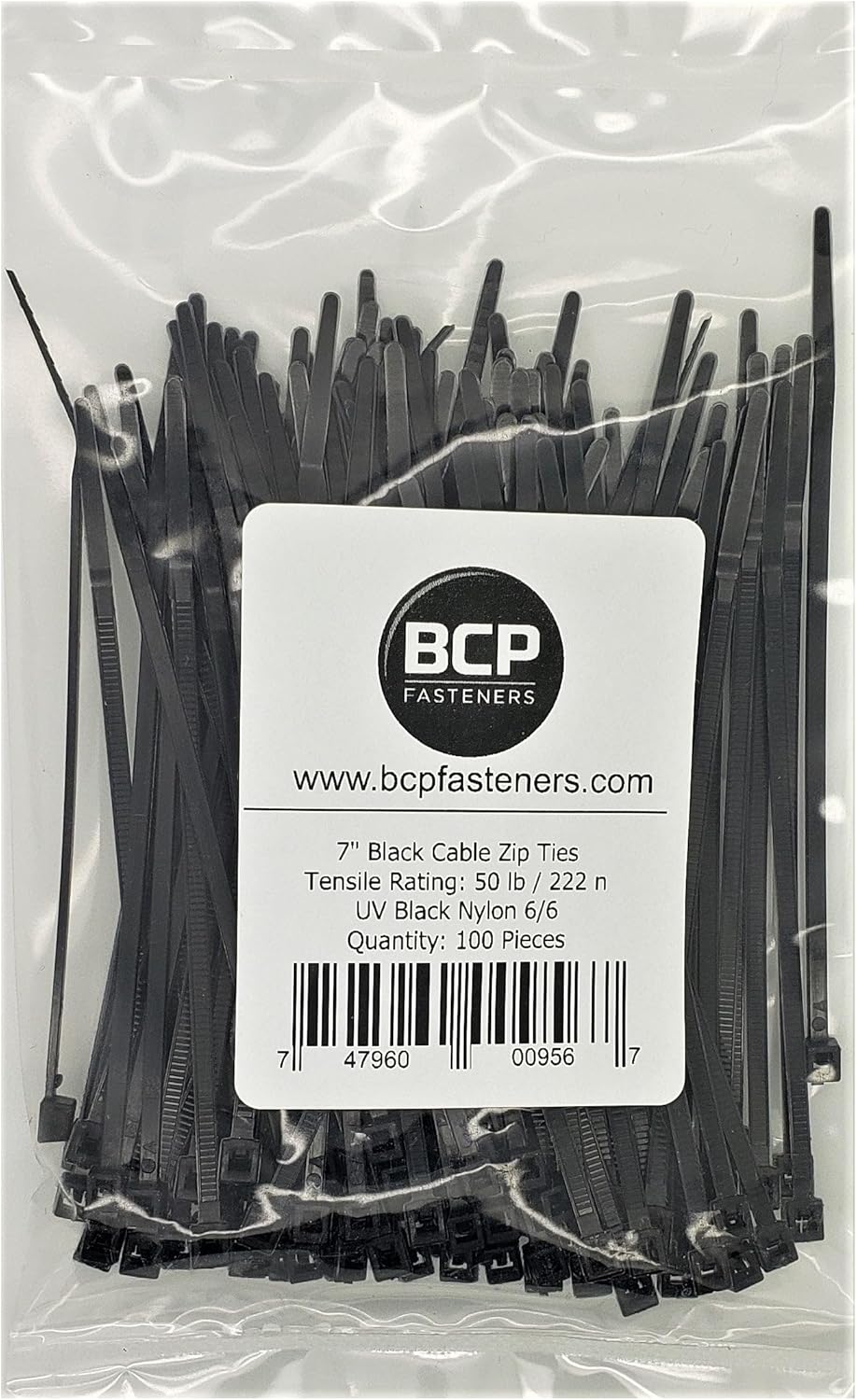100 Qty 7 Inch Black Nylon 50 lb Cable Zip Ties | Made in The USA | BCP896