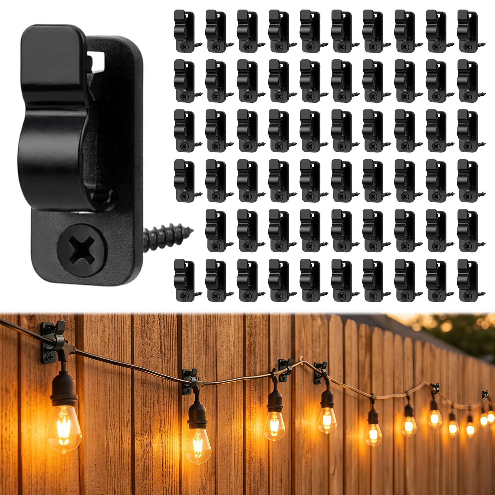 orwayhu 60 Pcs Outdoor String Light Clips Screw in Hooks for Garden Lights Fence Clips for Patio, Deck, Party, Holiday Decorations, Black