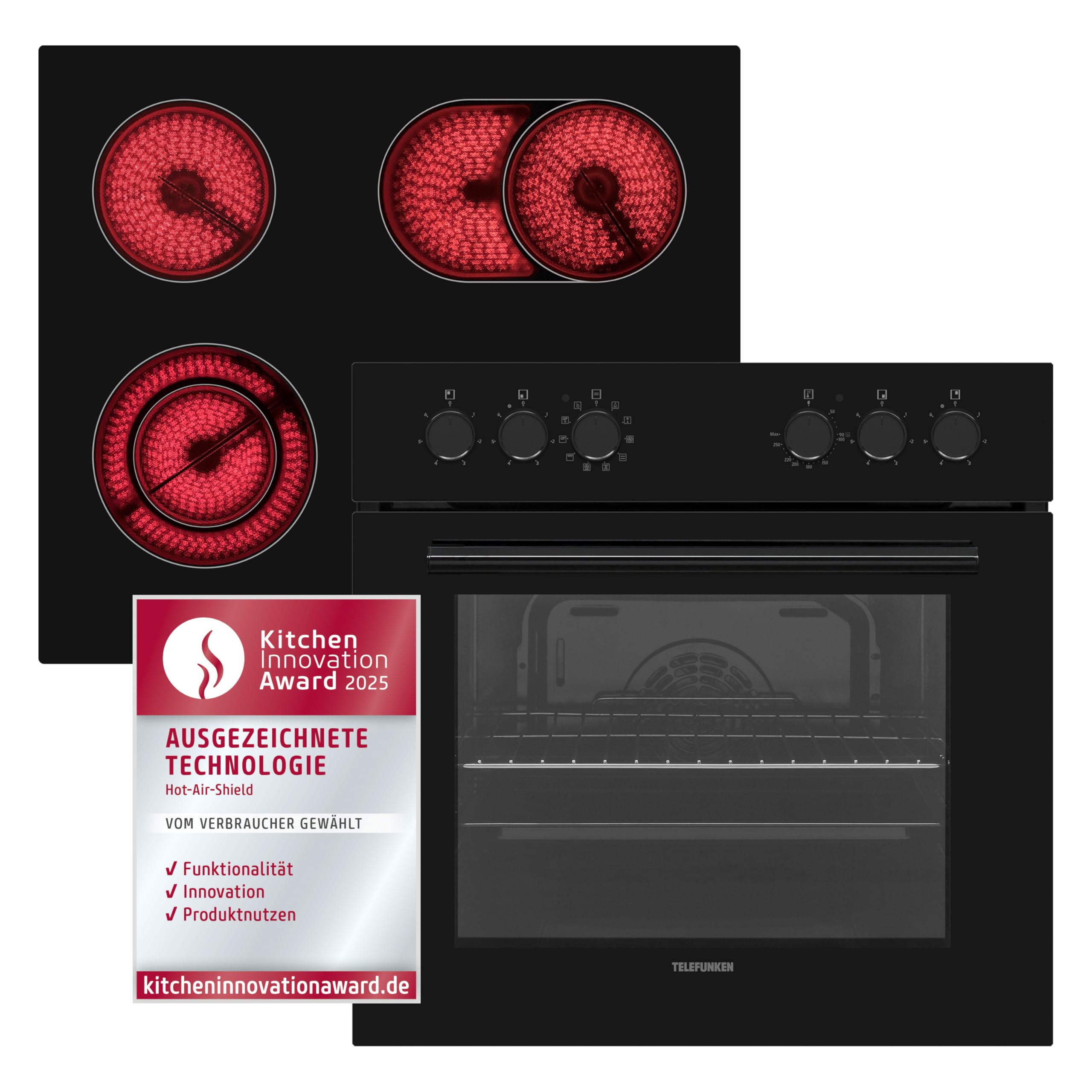 Telefunken ECHS65A-B2 Einbauherd-Set | Elektro-Herd-Kochfeld-Kombination | Backofen mit Grill und Umluft | Rahmenloses Glaskeramik-Kochfeld mit 4 Zonen | Hot Air Shield | 65 Liter | 60 cm | Edelstahl