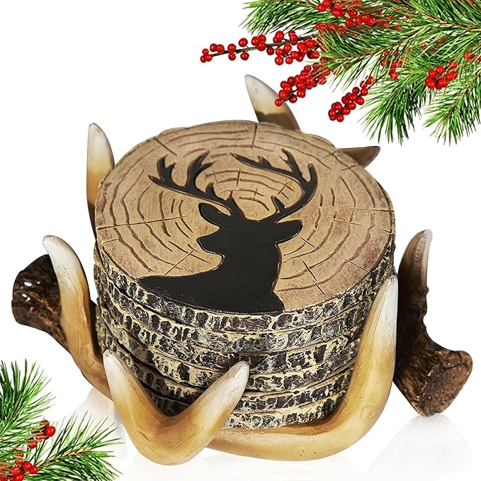 Deer Antler Coasters - 6 Full Size Rustic Coasters for Log Cabin Decor - Hunting Decor, Deer Antler Décor
