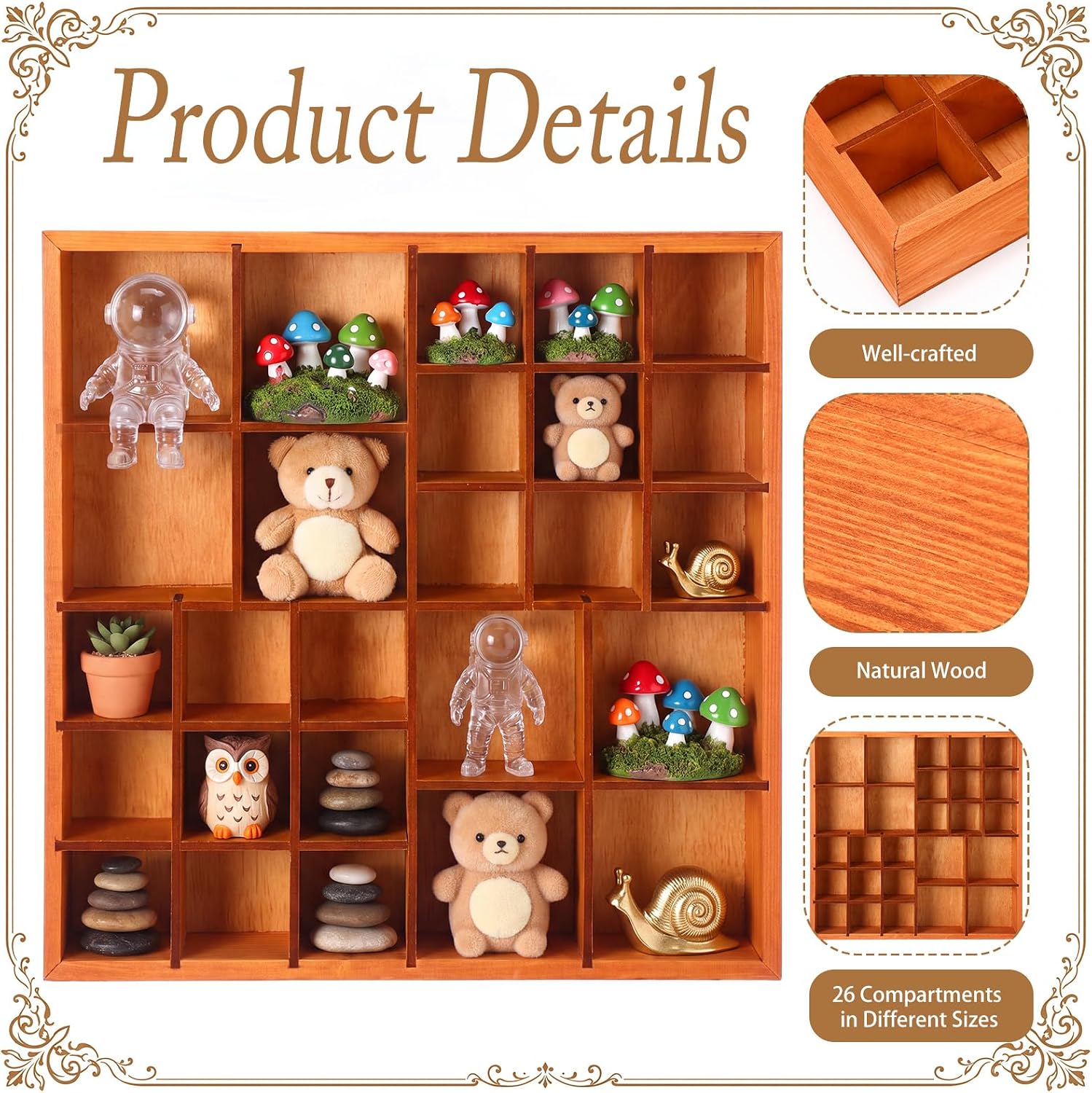 RattanView Wooden Trinket Shelf Shadow Box Display, 13 Inch, 26 Compartment