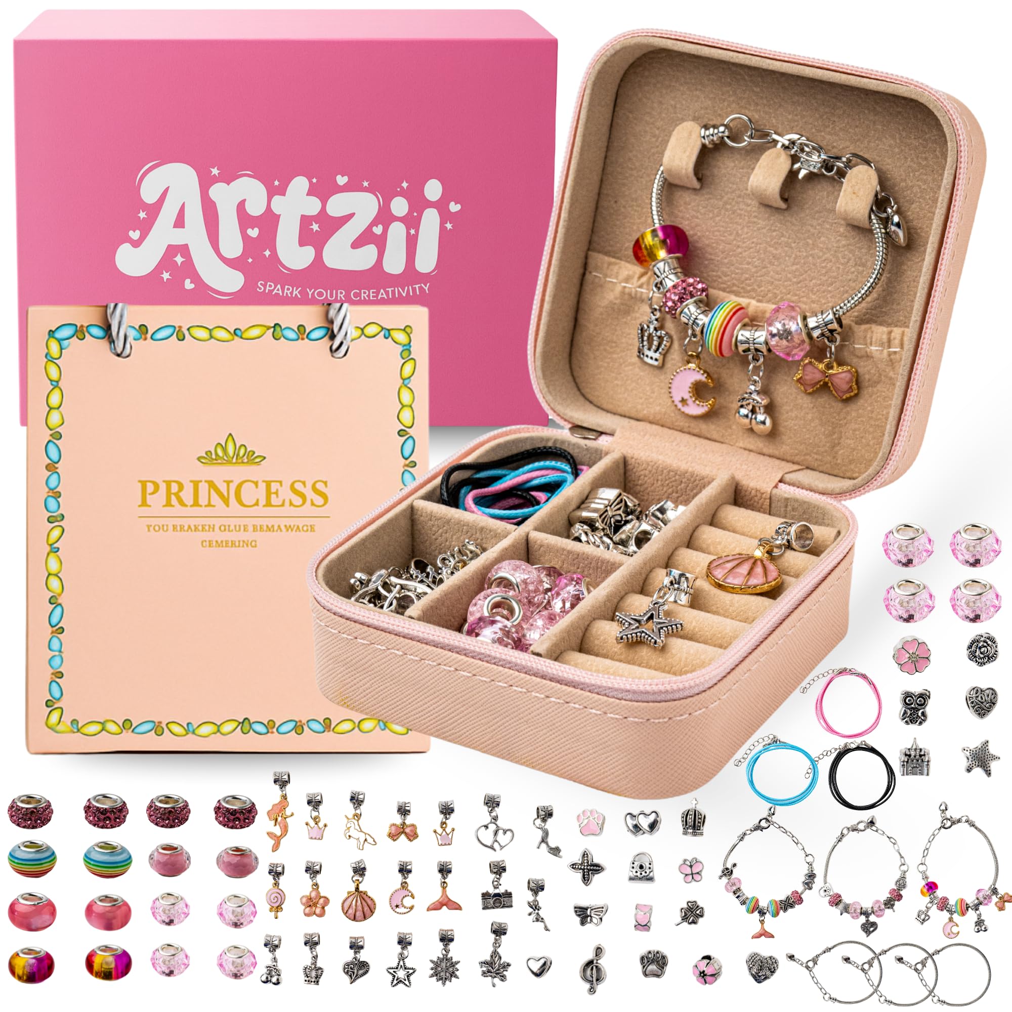 ARTZII Kit per la creazione di braccialetti tutto in uno per bambini, gioielli da principessa, ciondoli per bracciali, perline per braccialetti kit artigianali, accessori divertenti e facili per la