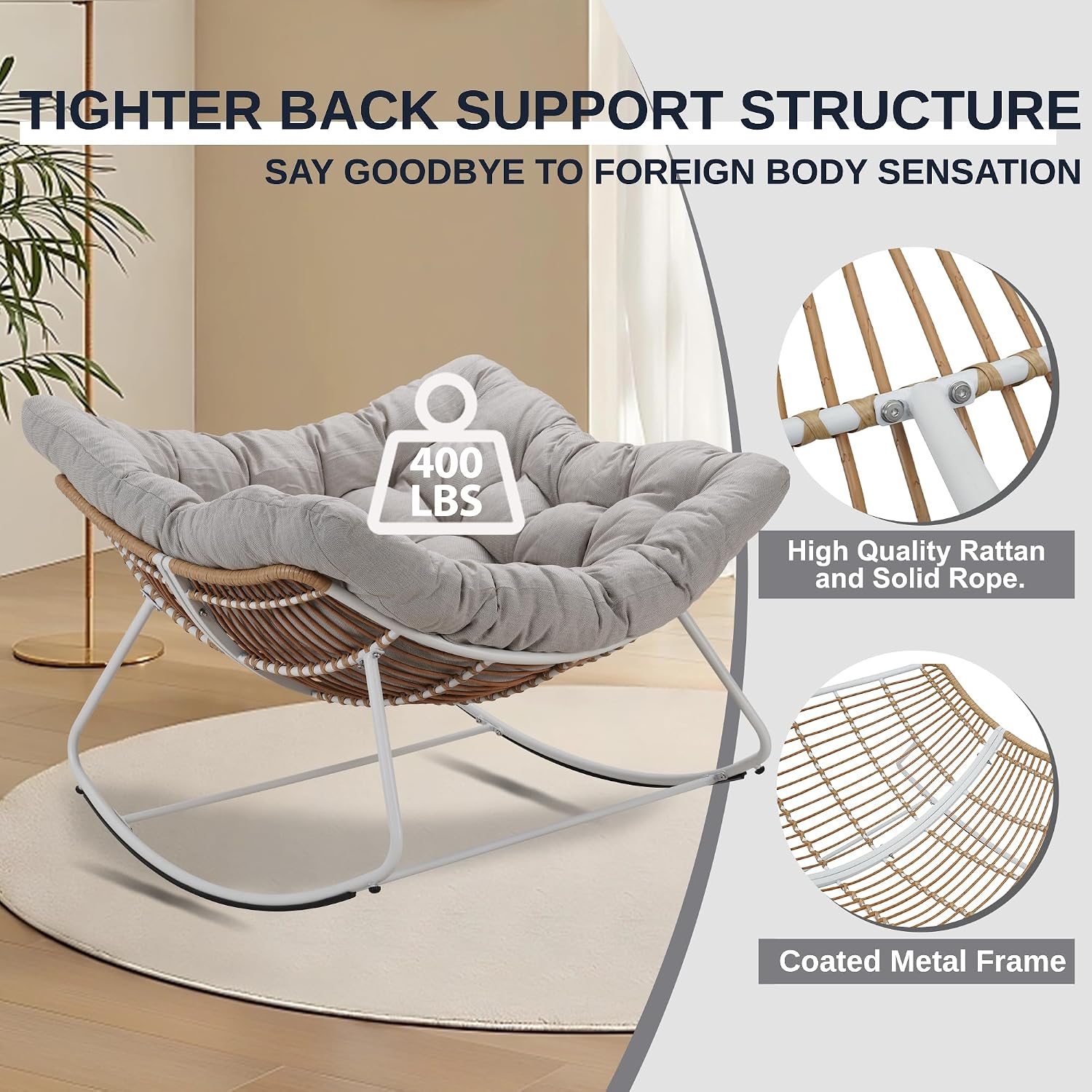 Outdoor Rocking Chair, Oversized Rattan Papasan Rocking Chair, Patio Wicker Egg Chair with Padded Cushion, Rocker Egg Chair for Living Room, Patio, Front Porch, Backyard