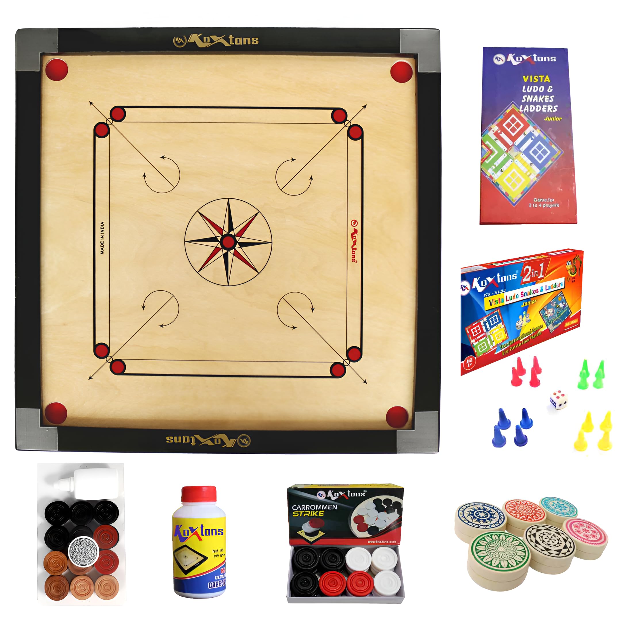 KOXTONS - Carrom Board 32 INCH Full Size with 1.5" Border & (Super) with STRICKER & Accessories and Vista 14 INCH Ludo Snakes and Ladder