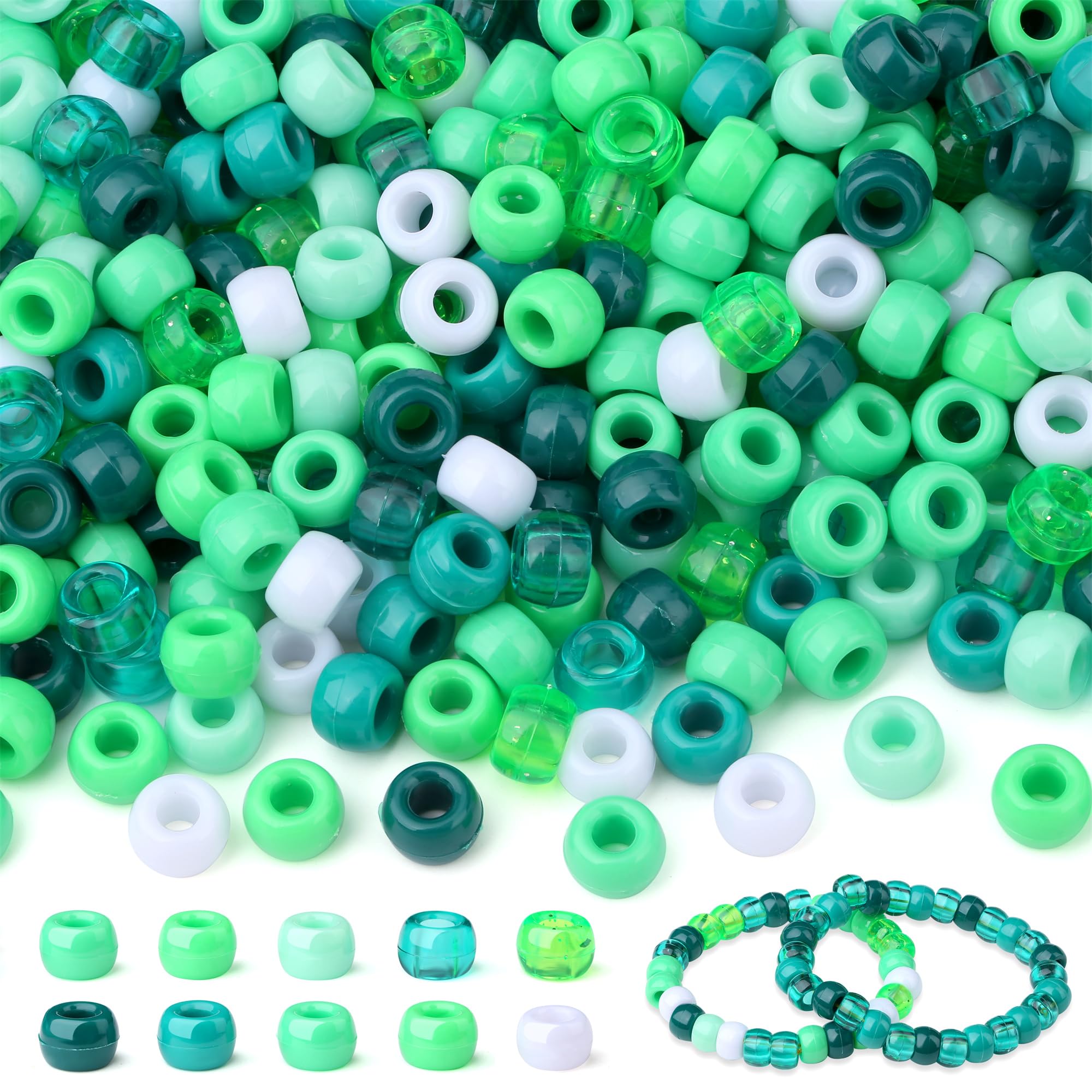GUJOXILA Green Pony Beads Bulk 1000Pcs Kandi Beads for Bracelet Making Hair Bead for Braids Green Acrylic Pony Bead for Crafting Bracelets Necklaces Jewelry Making 6×9mm
