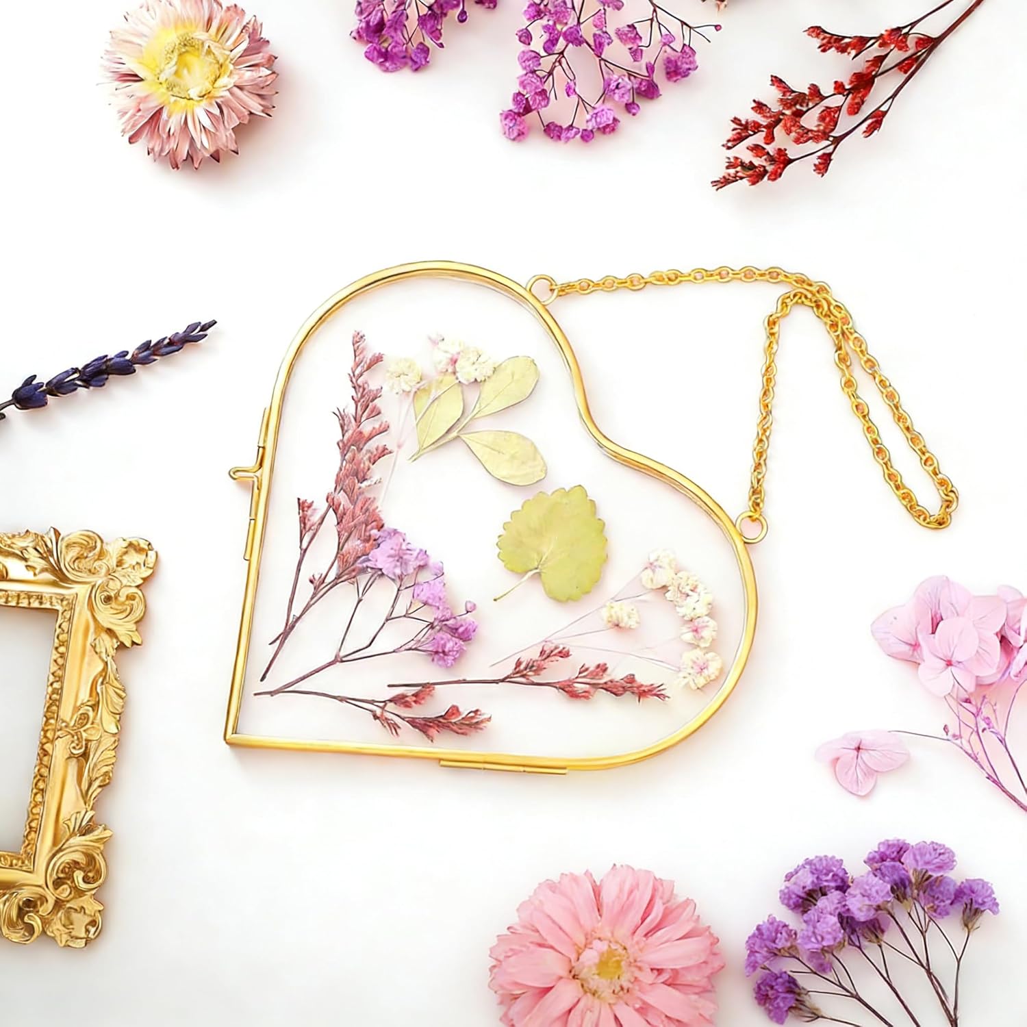 Pressed Flower Frames, Wall Hanging Double Glass Picture Frames with Chain for Dried Flowers Plants Wall Decor,Only Frame and tweezers (Gold-6PCS)