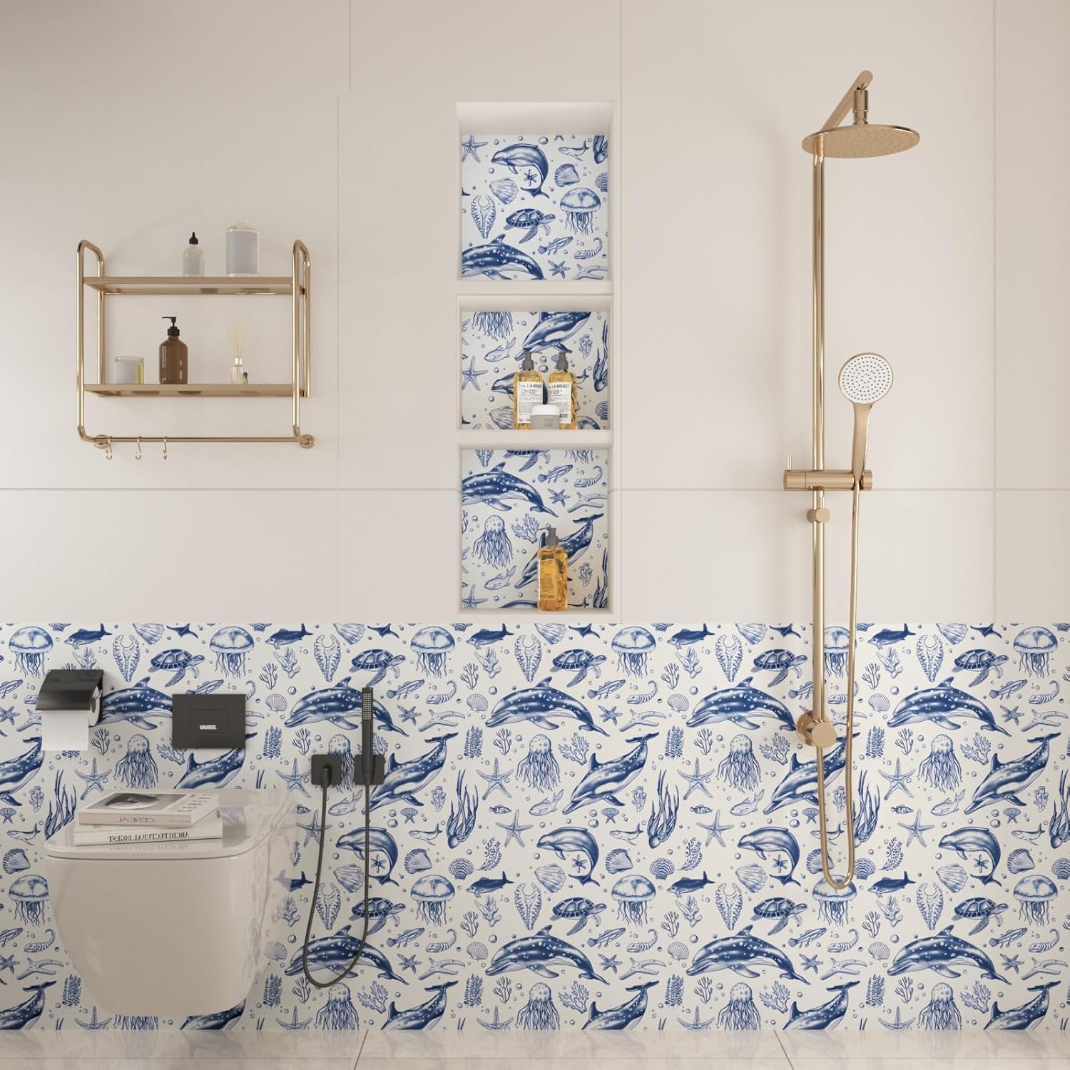 Whale Wallpaper Peel and Stick, Blue Sea Ocean Contact Paper 17.5" x 393.7", Underwater World Wall Paper Self Adhesive Removable Waterproof for Bathroom Shelf Cabinet Table Drawer