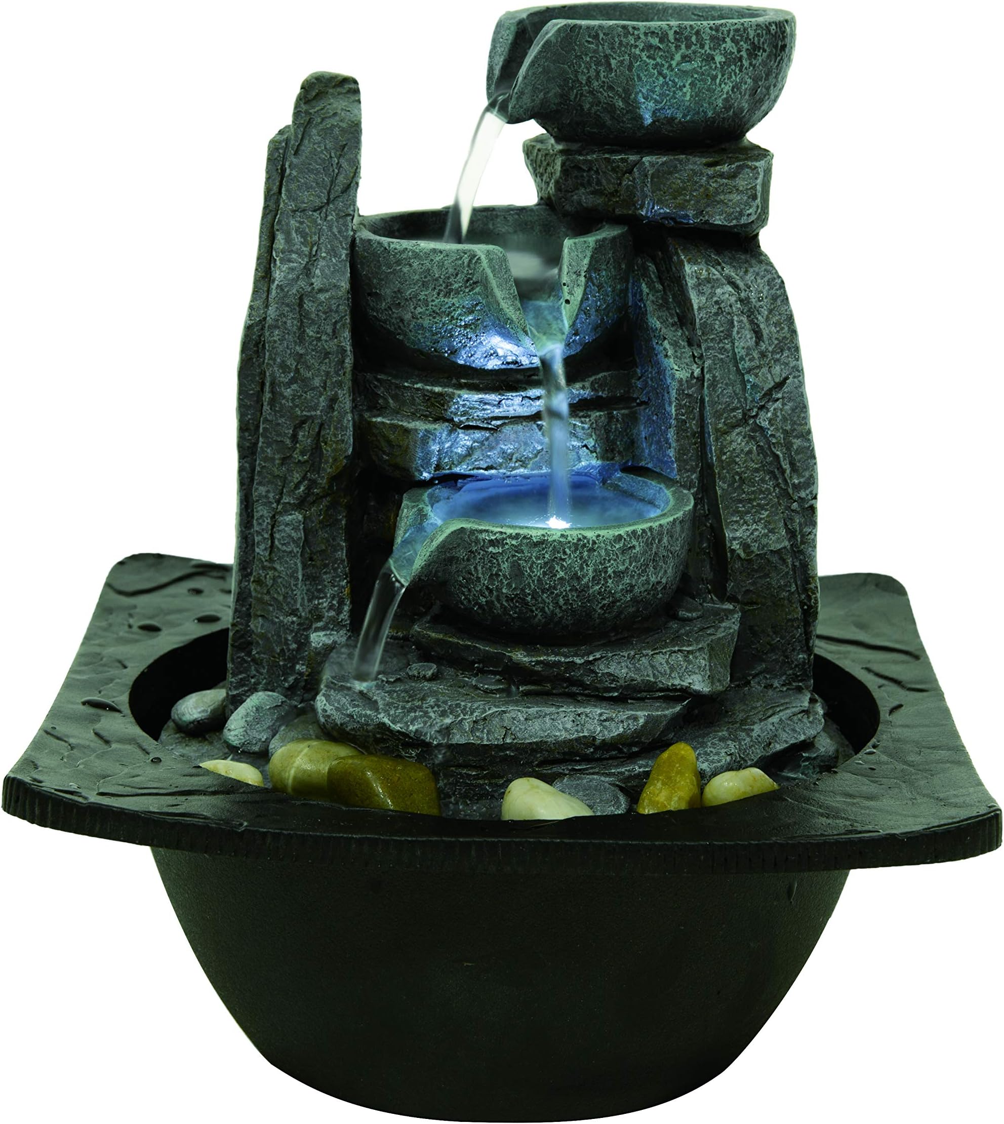 Water Fountain Indoors 3-Tier Flowing Bowls Water Fountain Round Stone Resin Table Fountain with LED Lights