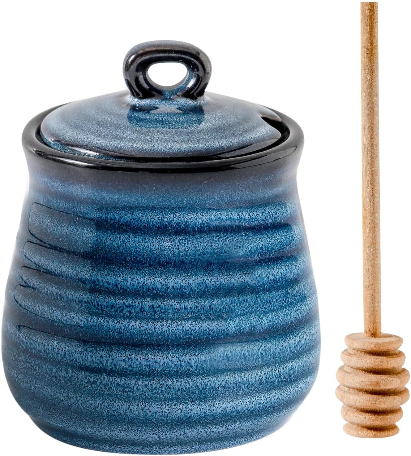 Ceramic Honey Pot with Lid and Honey Dipper, 12 oz Honey Jar and Wooden Dipper, Pottery Honey Container for Home, Cute Honey Dish, Dishwasher Safe, Blue