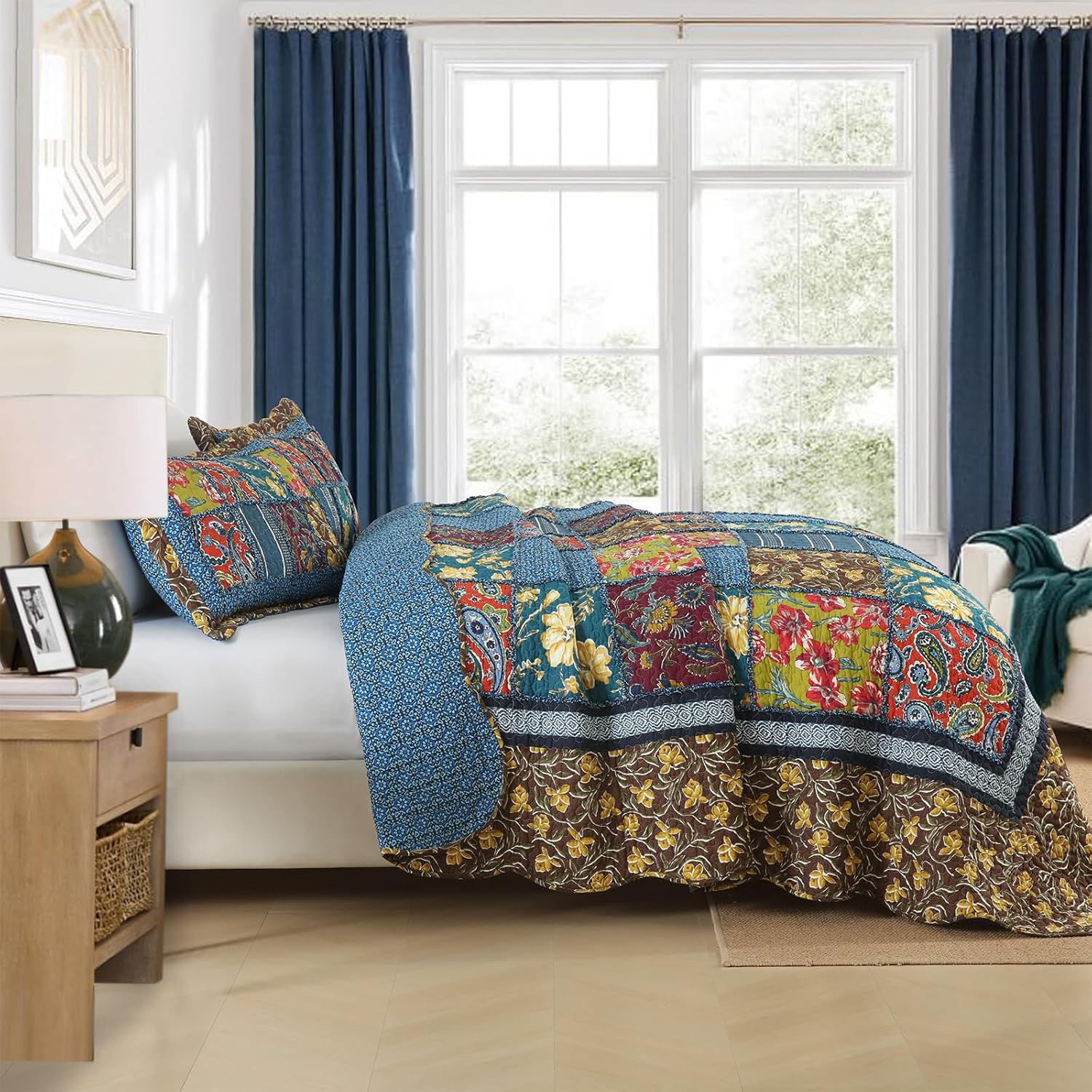 Yvooxny King Quilt Set Reversible Paisley King Size Quilted Bedspread Coverlet Set Country Farmhouse Cottage Quilted Bedding Set with Pillowcases for All Seasons, King Size, 108 * 96 Inches - Image 2