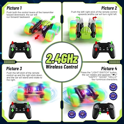 Miniatura 6 de Coche de control remoto, autos de acrobacias RC de 2.4 GHz con faros, luces de rueda, camión de control remoto recargable todoterreno 4WD, juguetes