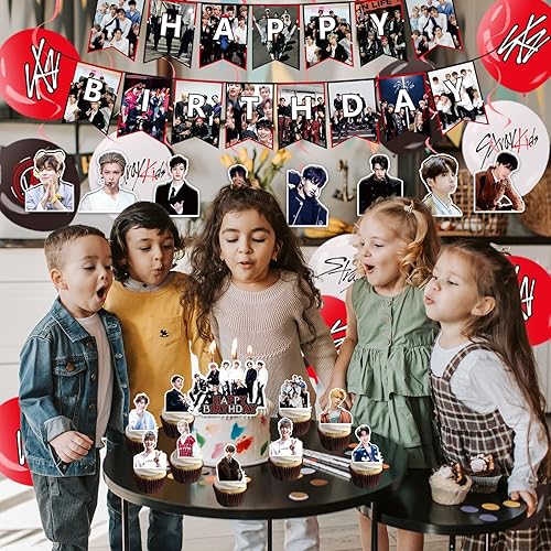 Miniatura 6 de 110 piezas de suministros para fiesta de cumpleaños de Stray-Kids, incluyendo pancarta, decoración de pastel, decoración de cupcakes, remolinos