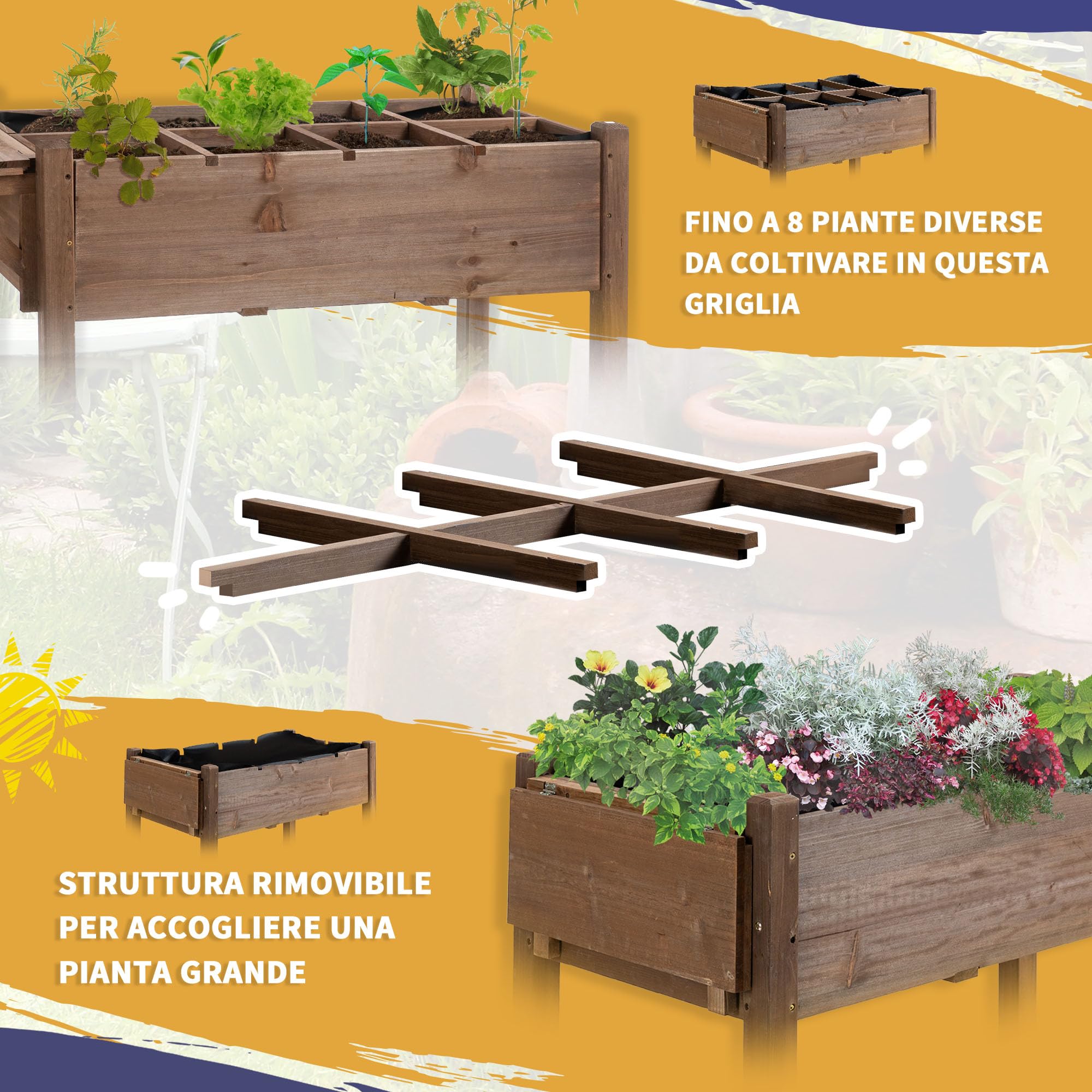 Outsunny Letto per Orto Rialzato a 8 Scomparti con Ruote, Ripiano Laterale e Mensola Inferiore a Doghe, Fioriera Rialzata da Esterno in Abete con 4 Fori di Drenaggio, 123x54x87cm, Caffè Scuro