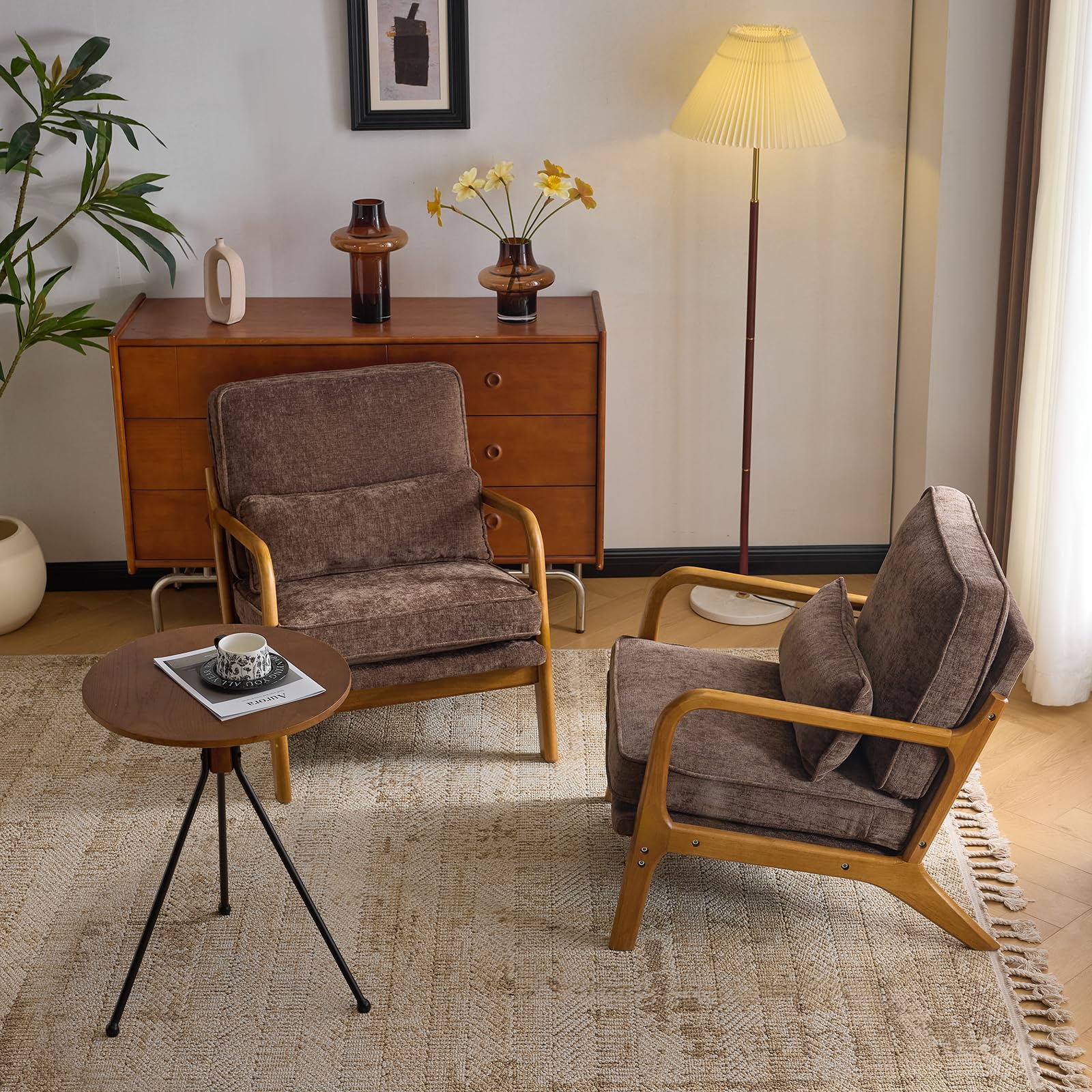 Bonnlo Accent Chair, Soild Wood Padding Lounge Armchairs Set of 2, Occasional Reading Chair with Cushions and Lumbar Pillow, Armchairs for Living Room, Bedroom, Guest Room, Chenille, Coffee Brown