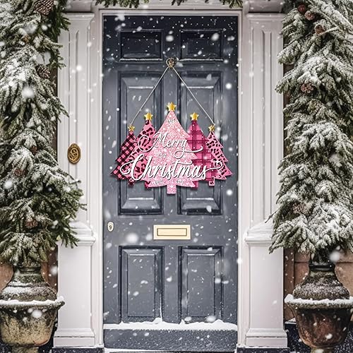Miniatura 6 de Capoda Letrero de puerta rosa con texto en inglés Merry Christmas para colgar en la pared, decoración de casa de campo, puerta delantera, para