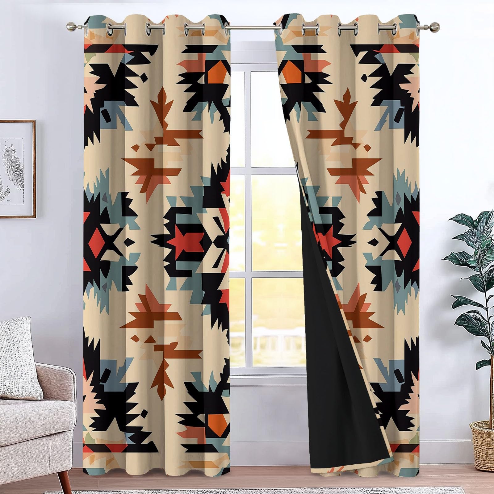 Blickdichte Vorhänge Amerikanische Ethnische Drucke Weiche Thermovorhang Gardinen Blickdicht mit Ösen H 260 x B 140 cm 2er Pack, Verdunkelung Ösenschal Wohnzimmer Schlafzimmer Beige