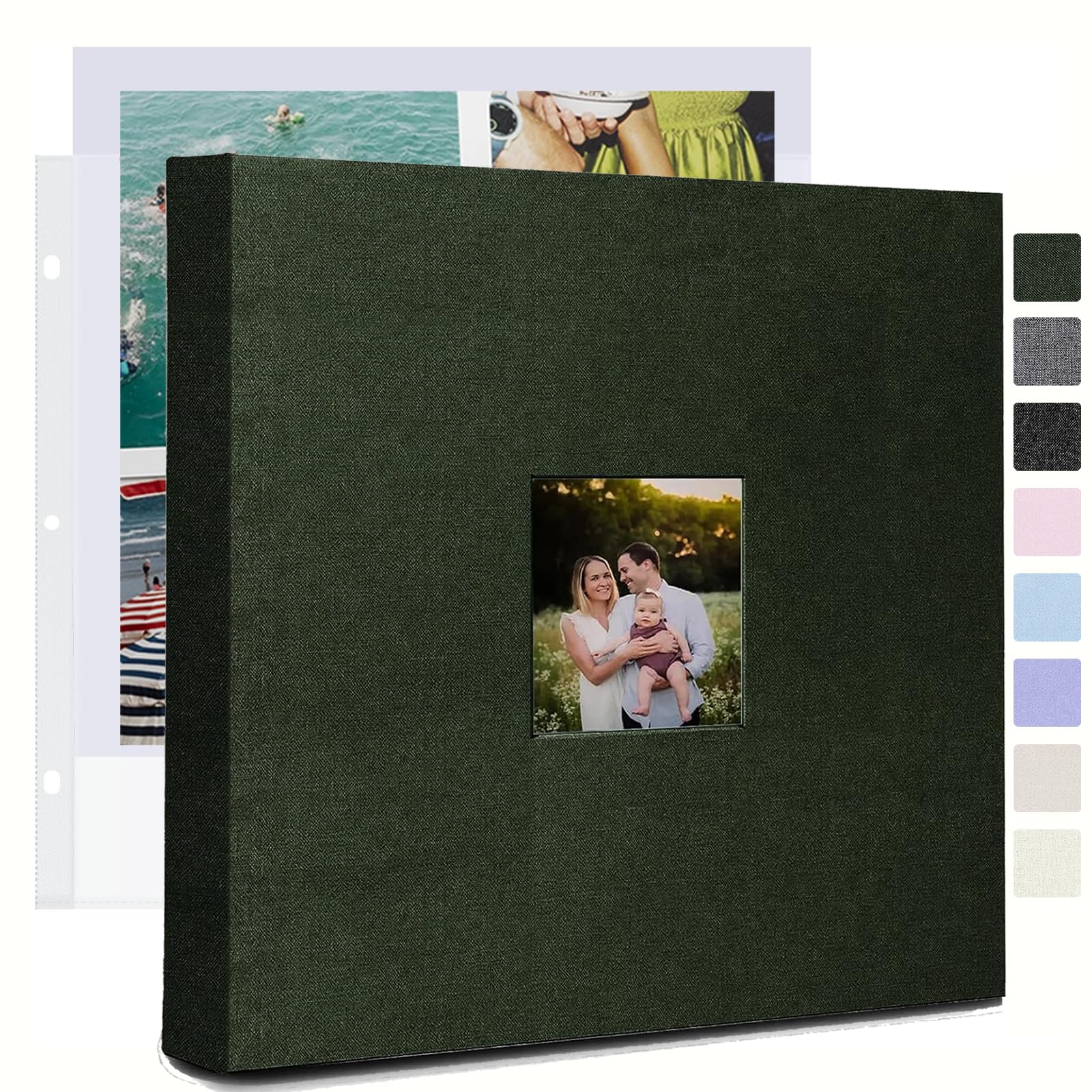 J.west Album photo de 30,5 x 30,5 cm avec 30 pochettes en plastique, 60 pages vierges, couverture en lin, grand classeur à 3 anneaux, album photo de famille, livre de souvenirs à faire soi-même, vert