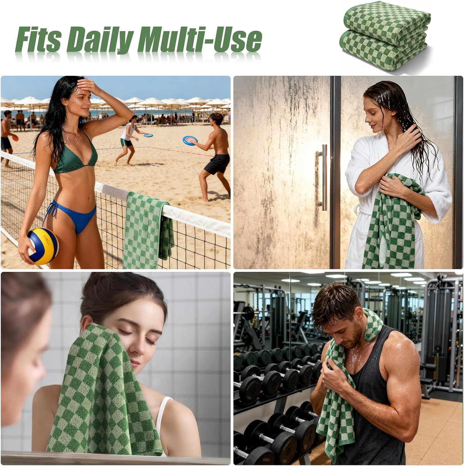 2-Pack Large Bath Towel Set Green Plaid(54x28 Inches, Large Cotton Bath Towels)-Quick-Dry, Lightweight & Highly Absorbent, Ideal for Bathroom/Sports/Swimming, Send Goods from Local Warehouse