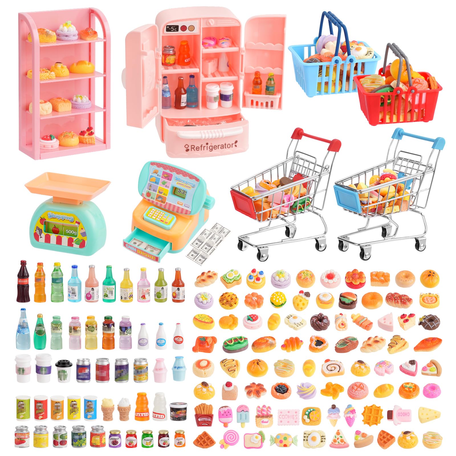 165 piezas de mini carrito y cesta de la compra en miniatura, juguete de alimentos y bebidas, supermercado, carrito de mano metálico, estantes, caja registradora, nevera, báscula de alimentos, carrito