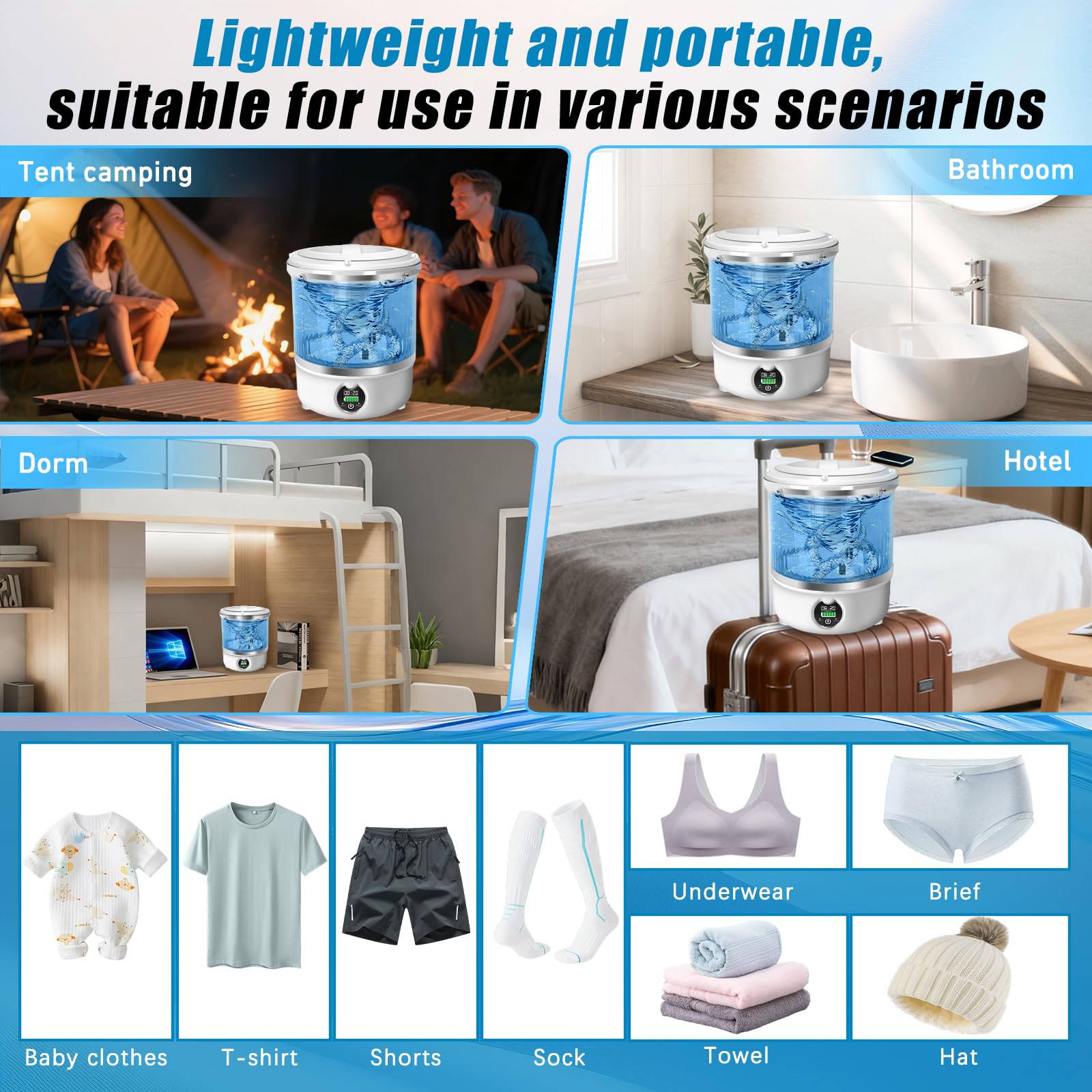 Portable Mini Washing Machine,Upgrade Blue Light,3L Capacity Underwear Washing Machine,Deeply Clean Underwear,Baby Clothing & Small Items of Clothing,Mini Washer Suitable for Family,Hotel,Camping — view 7