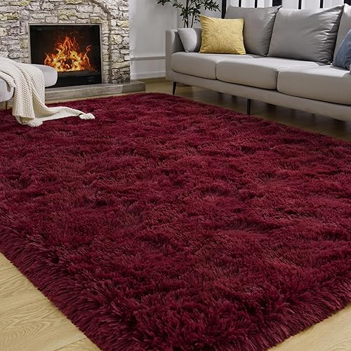 Miniatura 8 de Alfombras de área de color rojo burdeos para dormitorio, sala de estar, alfombras peludas de interior de 4 x 6 pies, alfombra suave de felpa para