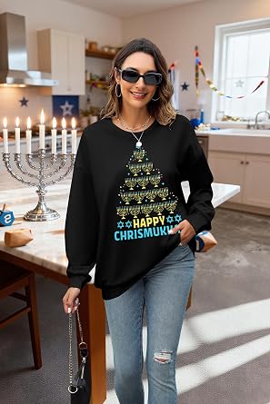MNLYBABY Hanukkah Sweatshirt Women Chanukah Sweatshirts Menorah Pullover Oversized Christmas Holiday Sweater