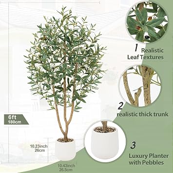 180cm Olive Trees Artificial, Large Faux Olive Tree with White Tall Planter, Faux Tree Indoor with Lush Lifelike Fruits for Living Room Bedroom Balcony Corner Office Home Decor