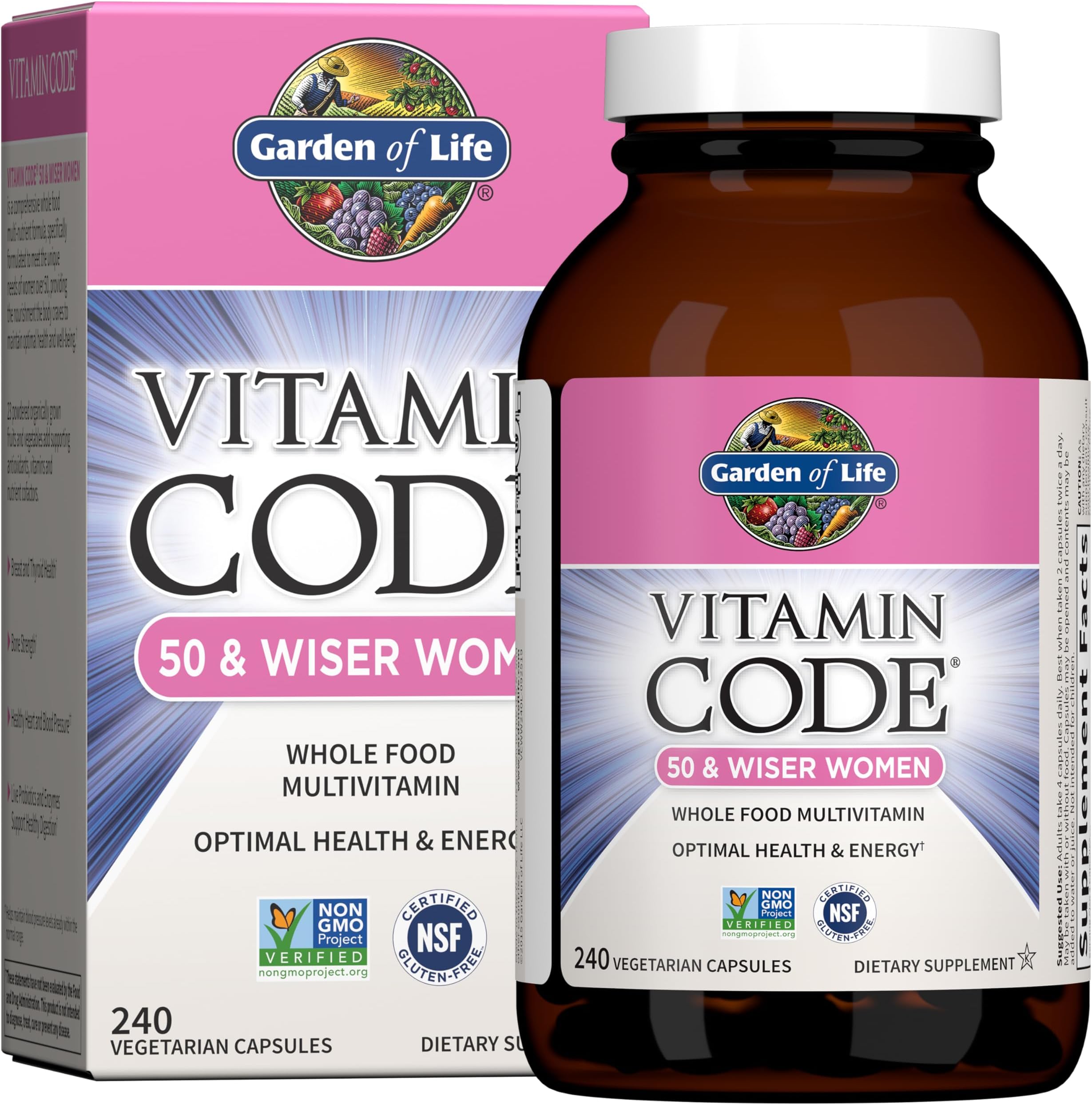 Garden of Life Vitamin Code Multivitamin for Women 50 & Over, 240 Capsules, for Women 50 Plus with B Vitamins, Vitamins A, C, D3, E & K, CoQ10, Probiotics & Enzymes