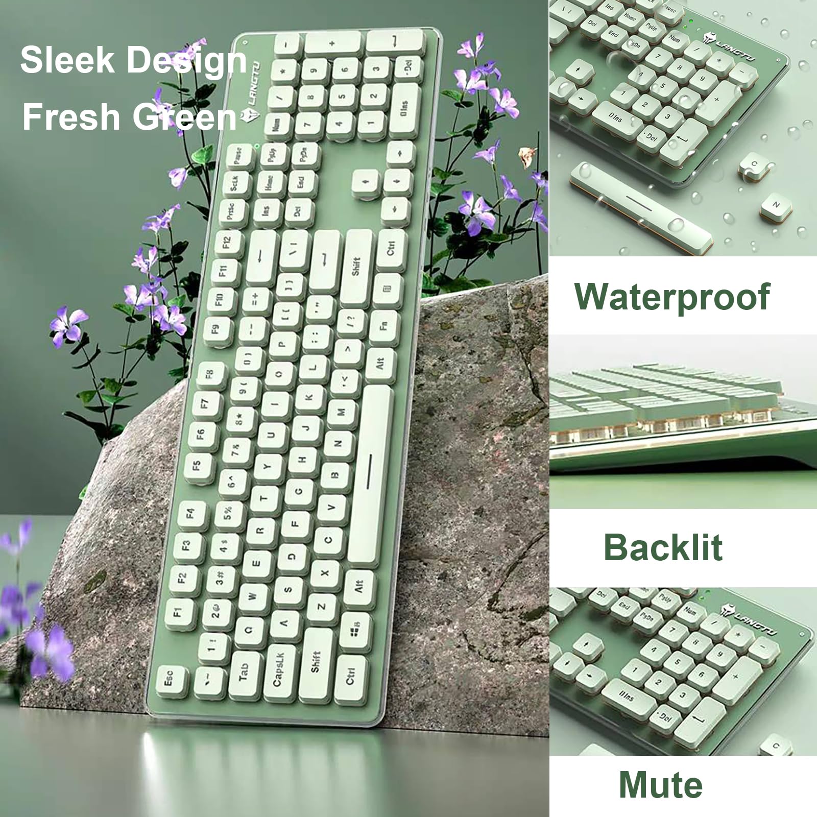 Wireless Keyboard and Mouse Combo, Rechargeable Metal Full Size Mute Keyboard and Ergonomic Mice, 2.4G Ultra-Thin Sleek Design for Windows Computer Desktop PC Laptop (Matcha Green with Warm Light)