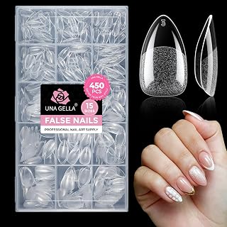 UNA GELLA Short Almond Nail Tips 450PCS Fake Acrylic Nail Tips | 15 Sizes Soft Pre-shape Press On Nails Almond Full Cover Nails Extension Home DIY Salon