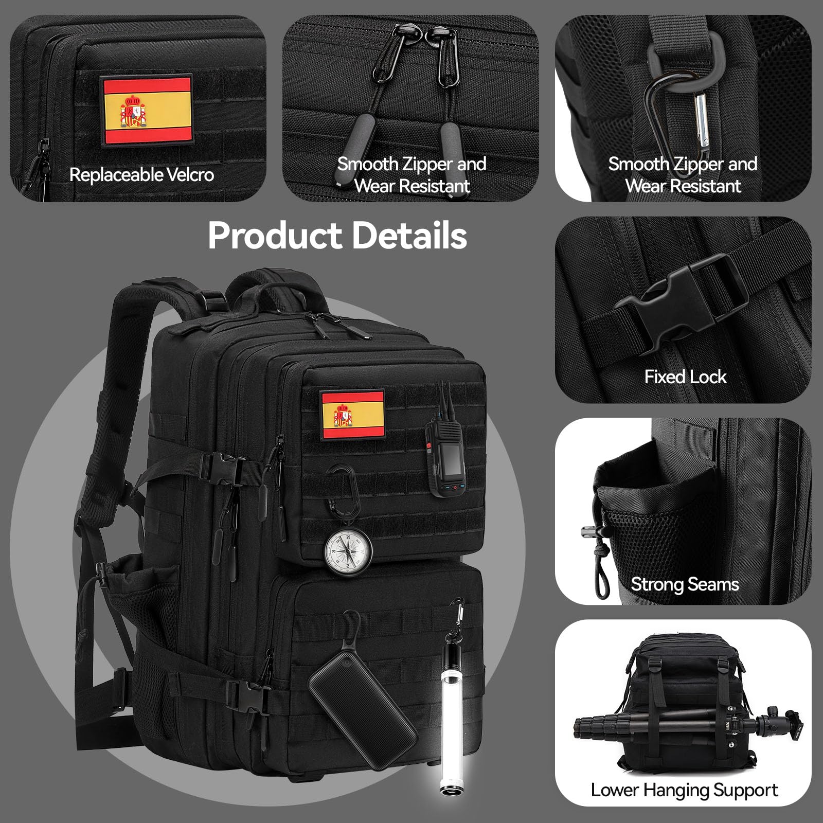 Delgeo Sac à Dos Tactique Militaire,45L Grande Capacité Sac à Dos, Pliable Imperméable Sac à dos Survie, Alpinisme, Randonnée, Trekking, Camping, Aventure ou Voyage