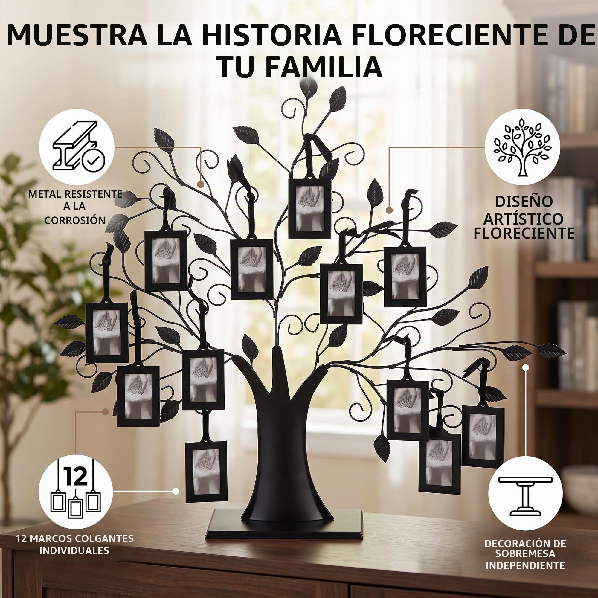 Ejoyous Marco de fotos de árbol genealógico, moderno árbol de fotos familiar para 12 fotos, personalizado, para decoración de escritorio, jóvenes, niñas, hombres y mujeres (L 6,4 x 4,6 cm)