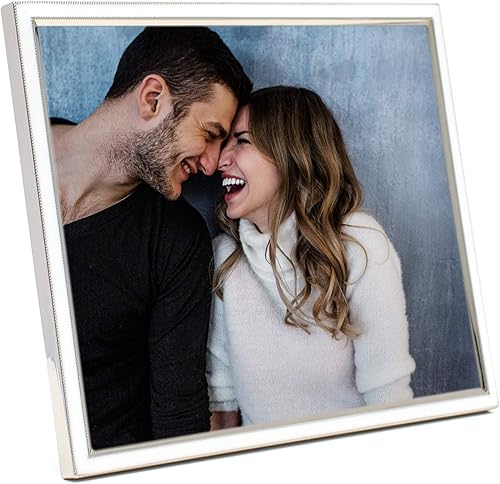 MIMOSA MOMENTS Marco de fotos de boda de metal esmaltado con soporte, pantalla de 8 x 10 pulgadas (plateado y blanco, 8 x 10)