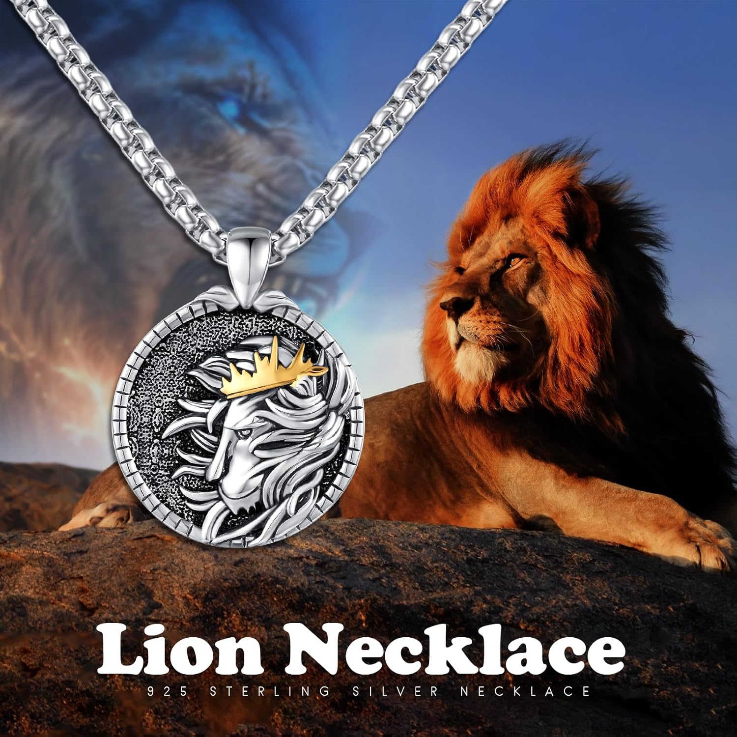 Miniatura 8 de XIXLES LionTiger Head Necklace 925 Sterling Silver Gold Plated Embossed Shiny 3D Animal Head Pendant, Charm TigerLion Medal Jewelry Gift for Men