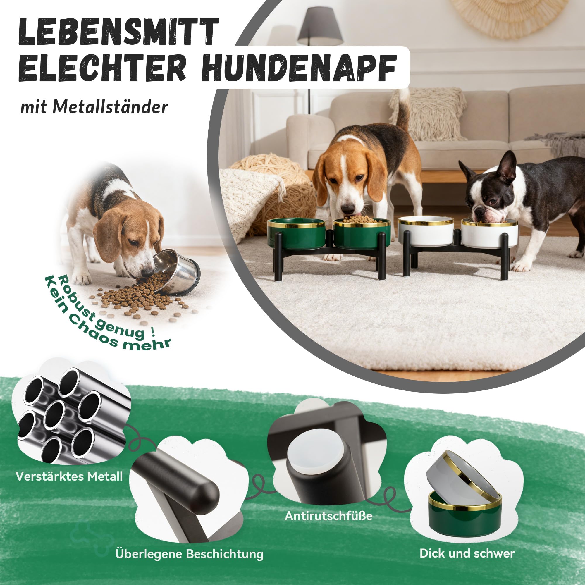 Keramik Hundenapf Erhöht mit Edelstahl-Ständer - Doppelnapf Futterstation für Kleine und Mittelgroße Hunde - rutschfest Hund Napf Set für Futter und Wasser - 350g / 660ml - 15cm - Gruen