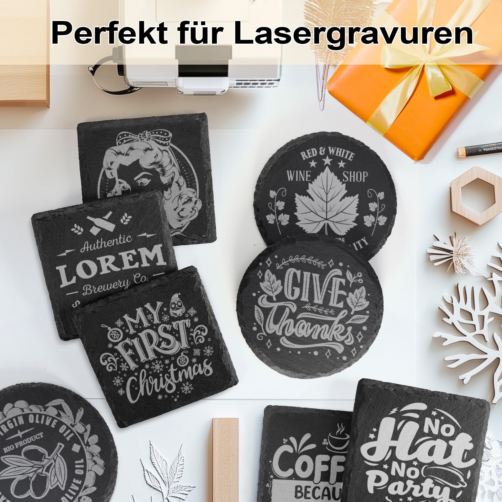48 Stück Schiefer-Untersetzer Set für Lasergravur, MAPRIAL 10cm Quadrat und Rund Jeweils 24 Stück Natürliche Schwarze Getränkeuntersetzer für Geschenke, Hochzeiten, Weihnachten, Wohndeko