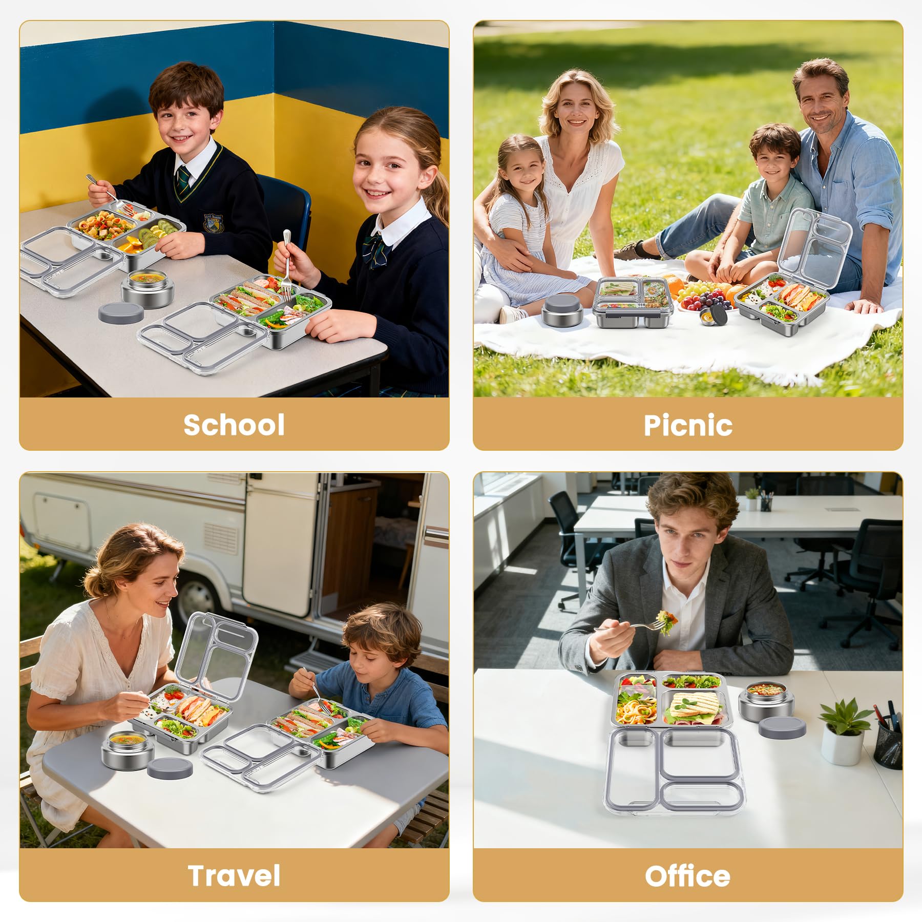 Itslife Bento Lunch Box Adulti Bambini in Acciaio Inox con 200ml Contenitore Termico per Alimenti, Porta Pranzo 3 Scomparti con Contenitore per Salse, per Lavoro Picnic Ufficio, senza BPA, Grigio