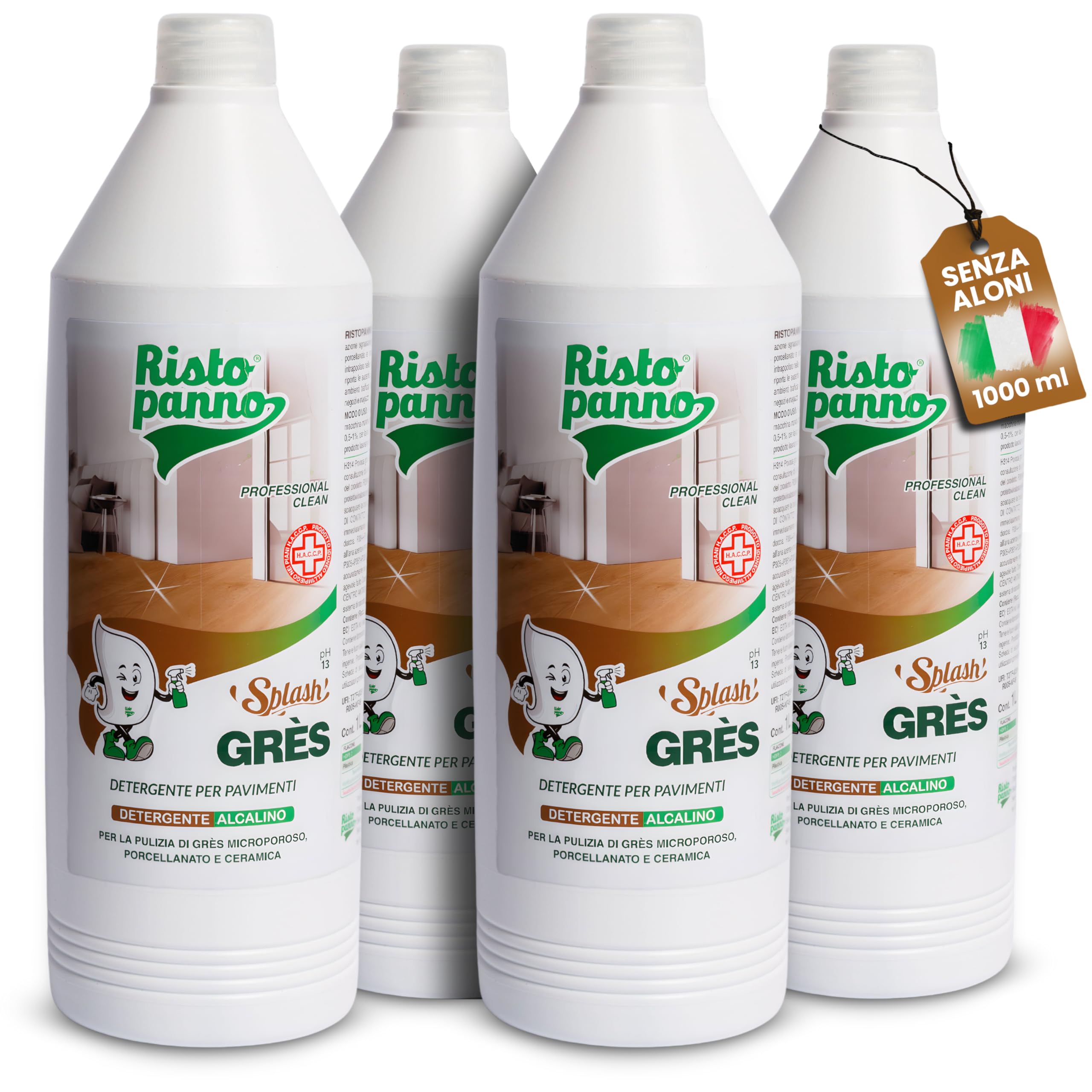 4PZ x 1L Lavapavimenti Professionale Alcalino - Formula pH 18 | Detergente per Grès Porcellanato e Ceramica - Azione Sgrassante - Uso Manuale e Lavasciuga - Prodotti Pulizia SPLASH GRES